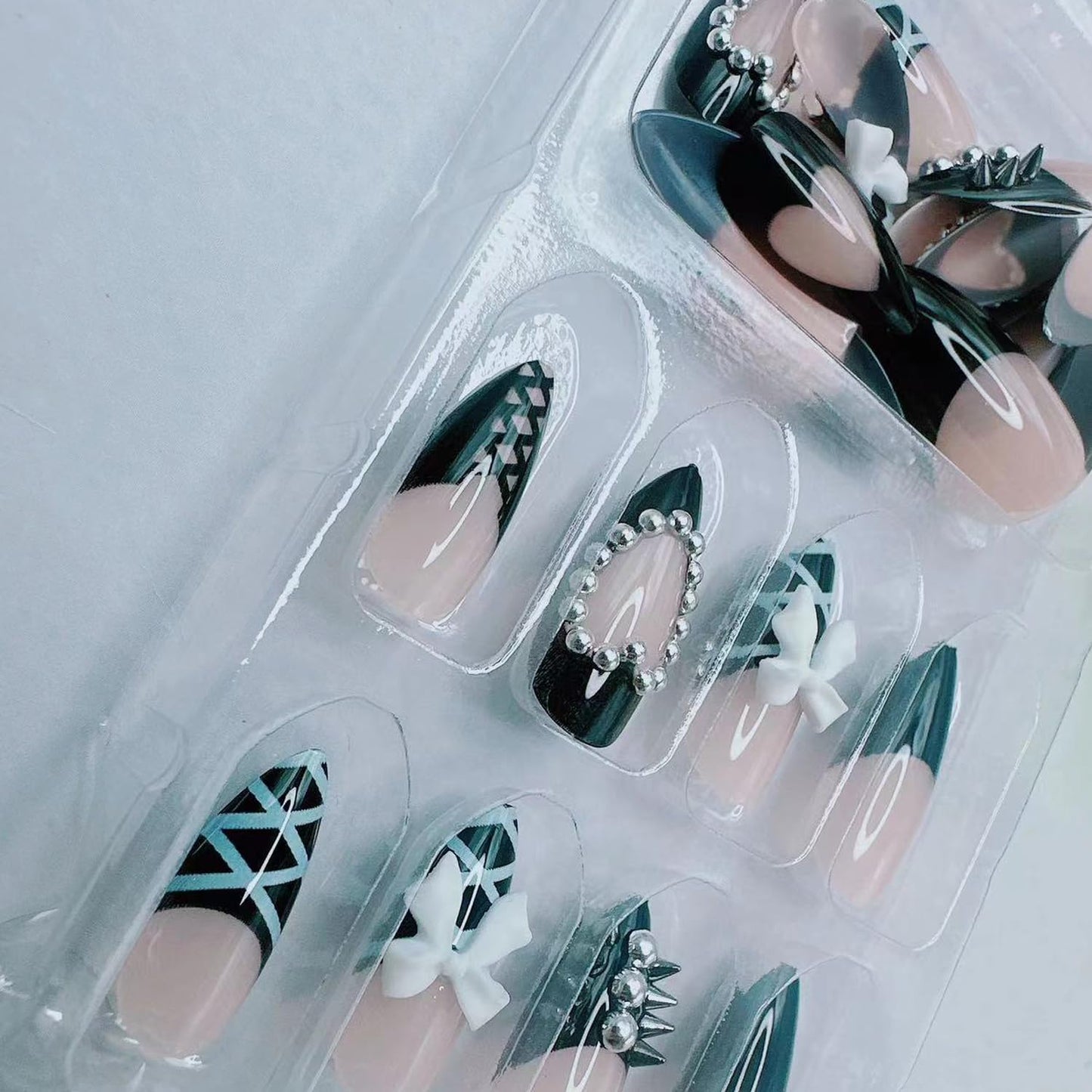 French Tip Press on Nails with Charms Fake Nails Heart with Studs Pearls Designs French Nails Press on Almond Shape Acrylic Nails Rhinestones Nails Cute Bow Stick on Nails for Women Daily Wear