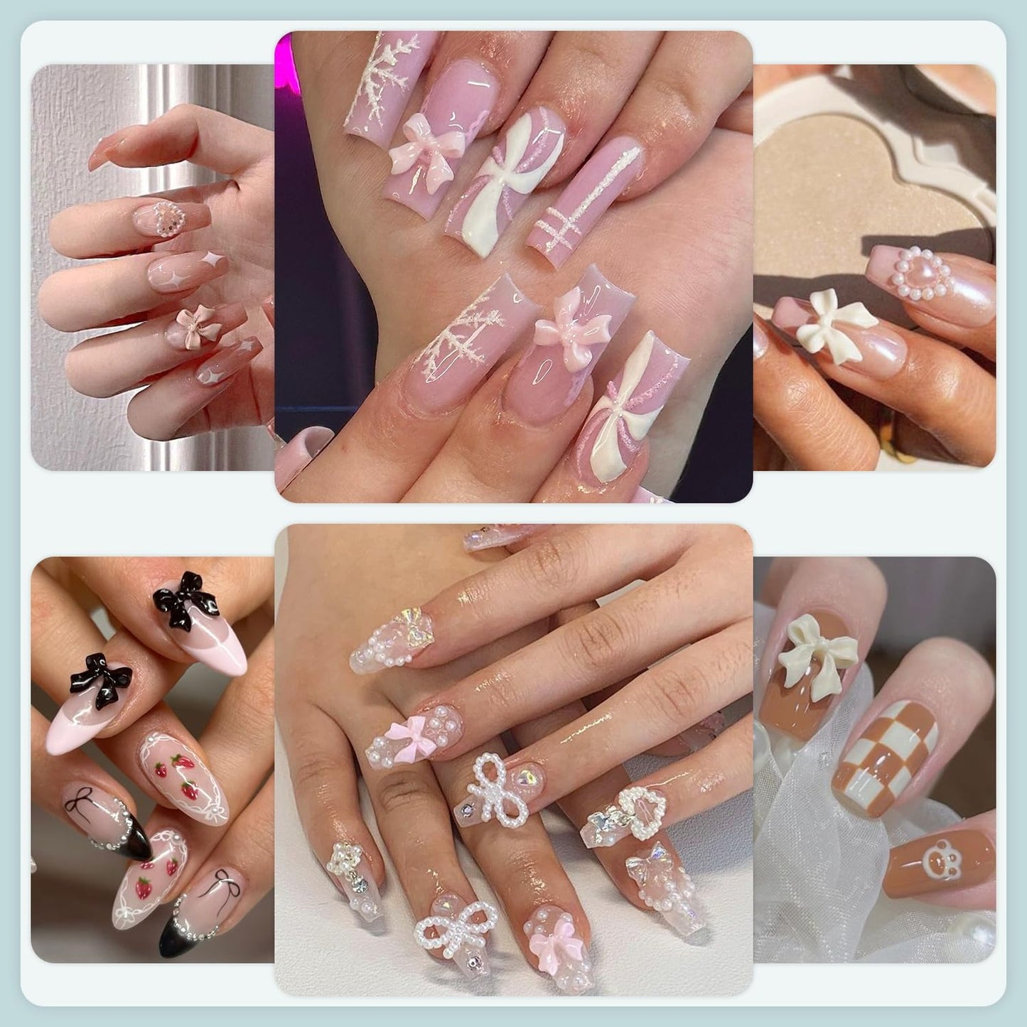 3D Nail Charms and Flatback Pearls #3, 600 Pcs Pink White Lilac Multi Styles Bowknot Charms + Pink&White Star Heart Nail Jewels + 2-6mm White Nail Pearls for Nail Art Design with Pickup Tools