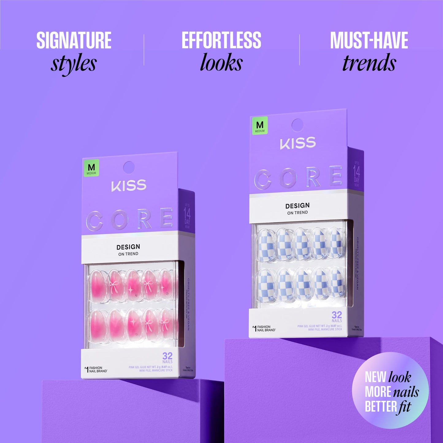Kiss CORE, Press On Nails, Nail glue included, 'Shining Bright', Pink, Short Size, Almond Shape, Includes 32 Nails, 2g glue, 1 Manicure Stick, 1 Mini File