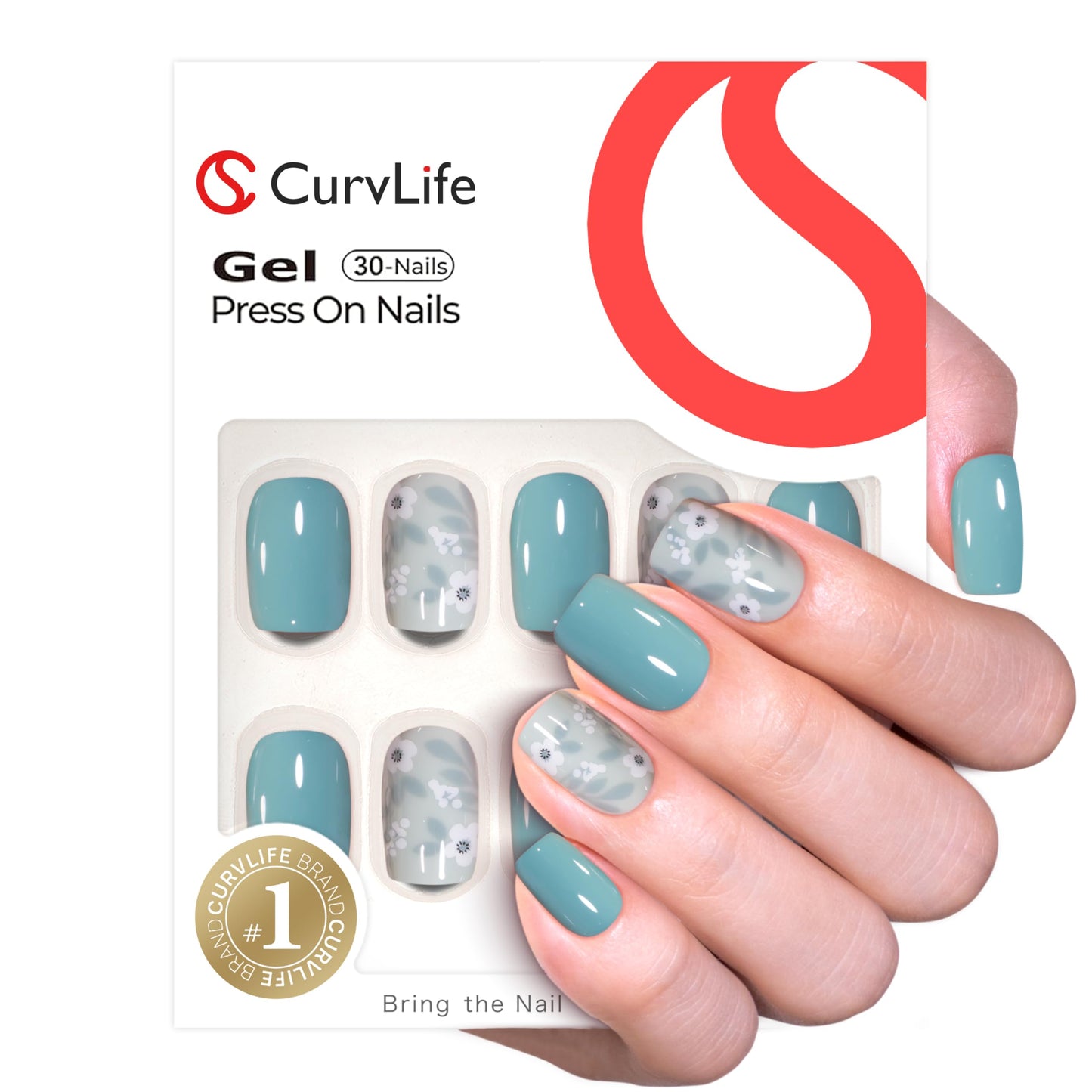 Curvlife Soft Gel Press on Nails with 30pcs Green Flower Design Full Cover Fake Nails for Women Reusable Nail Kit with Nail Glue Adhesive Tabs