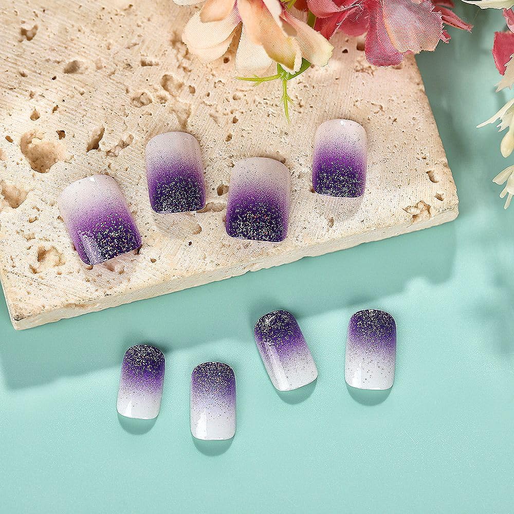 Rilafuvu Square Press on Nails Short Fake Nails Purple Gradient Glue on Nail Glitter Acrylic Nails Glossy False Nails Press on Nails for Women and Girls 24Pcs