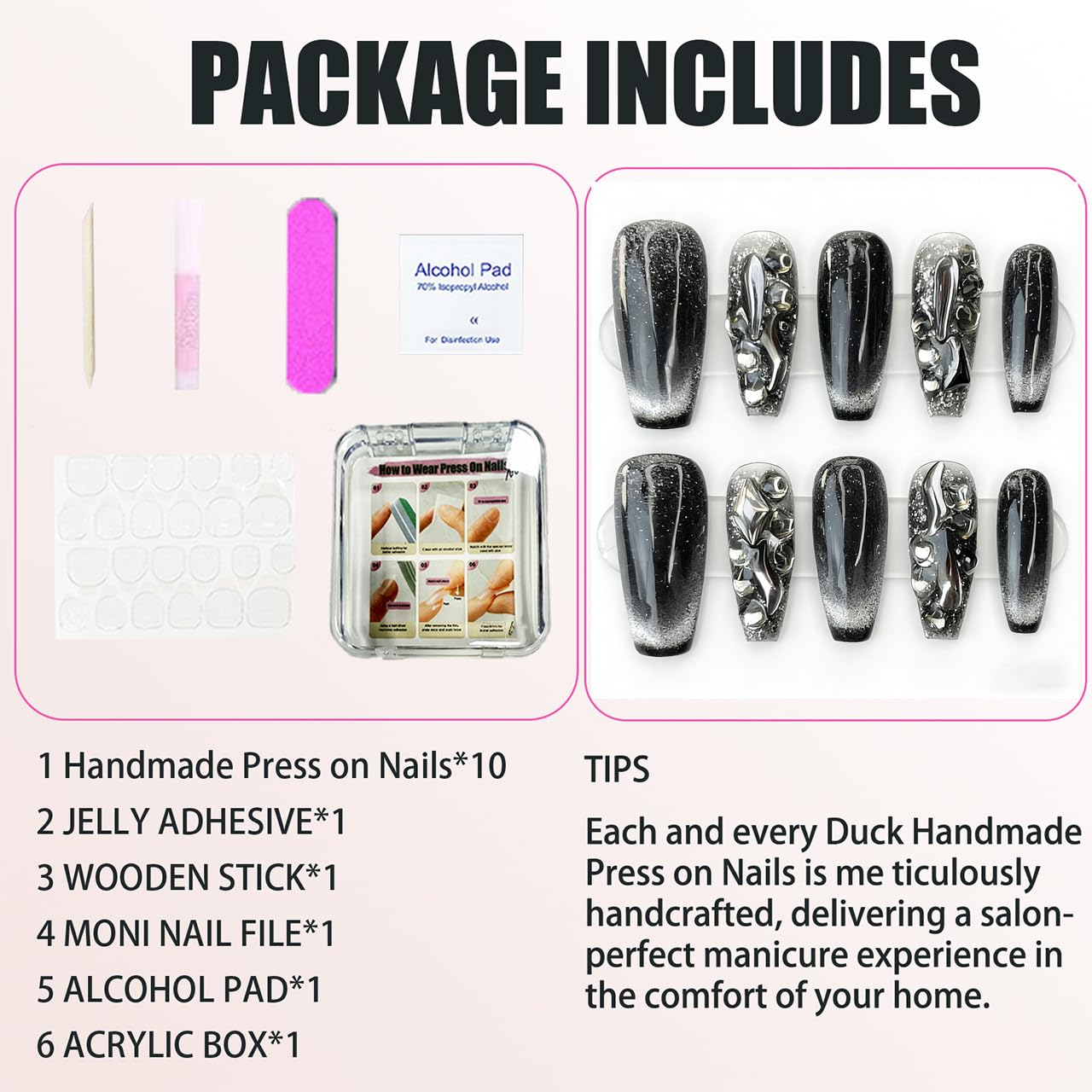 Handmade Press on Nails Square Black and White Cat’s Eye Decoration with a Starry Sky Pattern and Gemstones Acrylic Nails Press on Handmade Nails Luxury Press on Nails(S)
