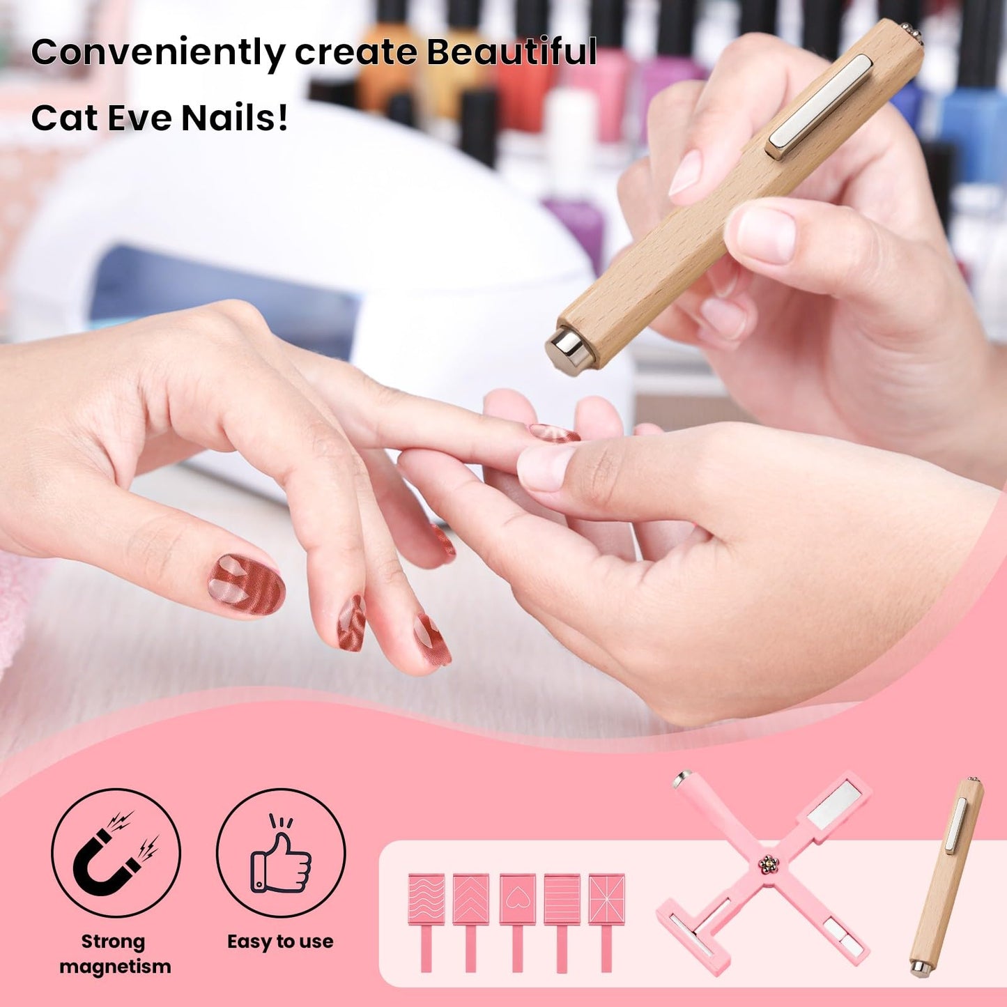 7Pcs 3D Cat Eye Gel Nail Polish Magnet Tools for Cat Eye Gel Nail Polish,5 in 1 Nail Magnet Nail Magnet Pen Stripe Nail Magnet Wands for Nail Art DIY Home Salon Manicure(Pink)