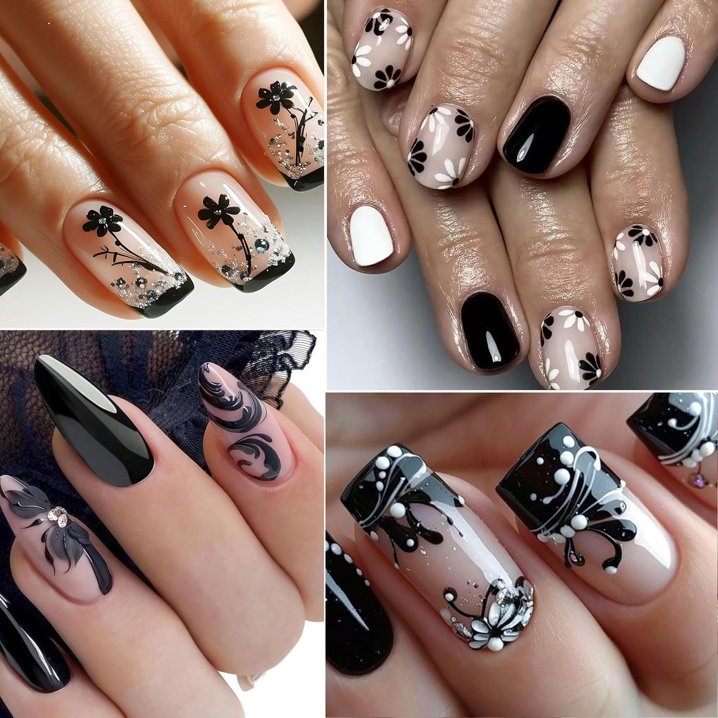 30 Sheets Black Flower Art Nail Stickers for Women Girls, 3D Rhinestones Self-Adhesive Decals Supplies, Floral Butterfly Heart Designs Accessories Decorations
