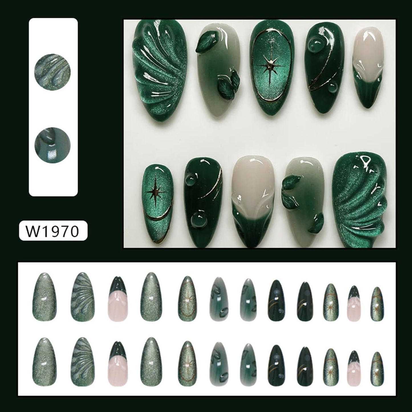 24Pcs Green Press on Nails Medium Almond Fake Nails with 3D Green Ripple Design Handmade Press on French Nails Tips Leaves Pattern Full Cover Glossy Y2k Reusable DIY Nails for Women Nail