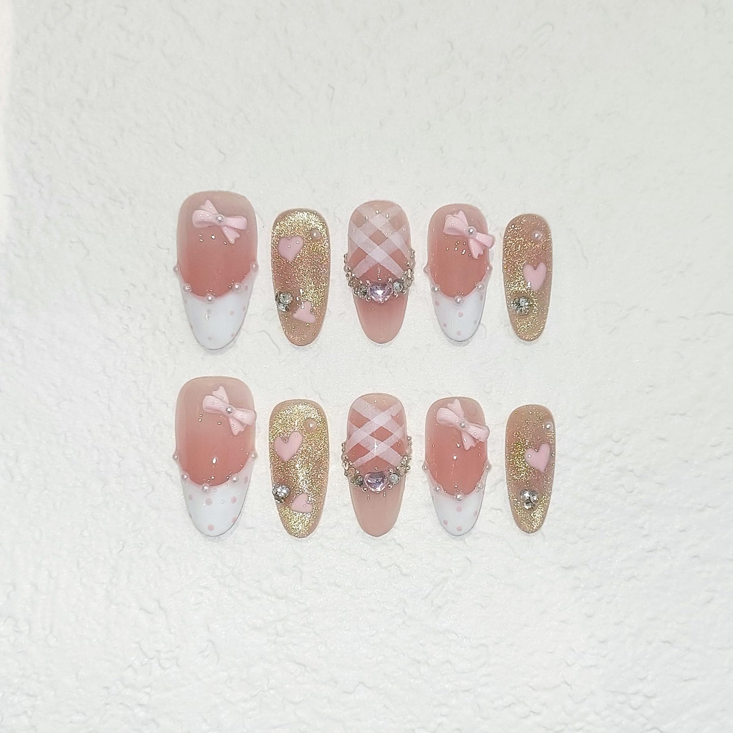 TENPAL Reusable Almond Press on Nails Medium,Pink Cat Eye Glitter Fake Nails with Polka French Tips,Hand-Painted Hearts & 3D Bow Rhinestones False Nails,Princess K-Beauty Nails Full Manicure Kit(XS)