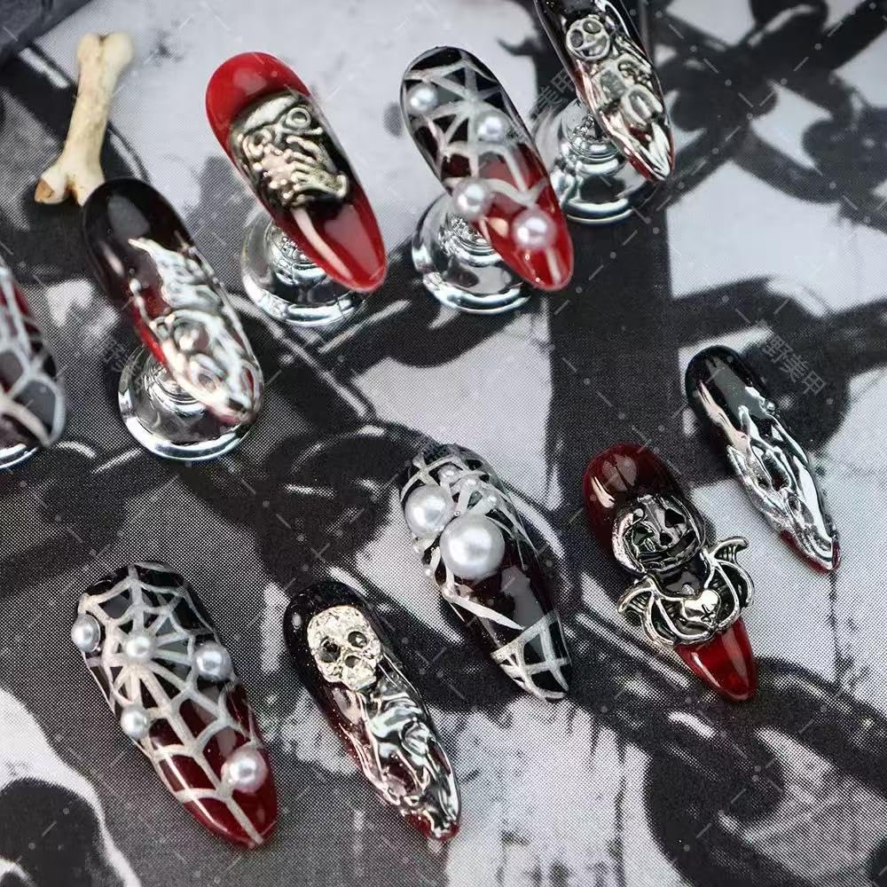 Halloween Press on Nails 100% Handmade Nail Press Ons Medium Almond Fake Nails with Spider Skeleton Silver Charms Design Ombre Red Black Halloween Nail for Women Girls Manicure Size M