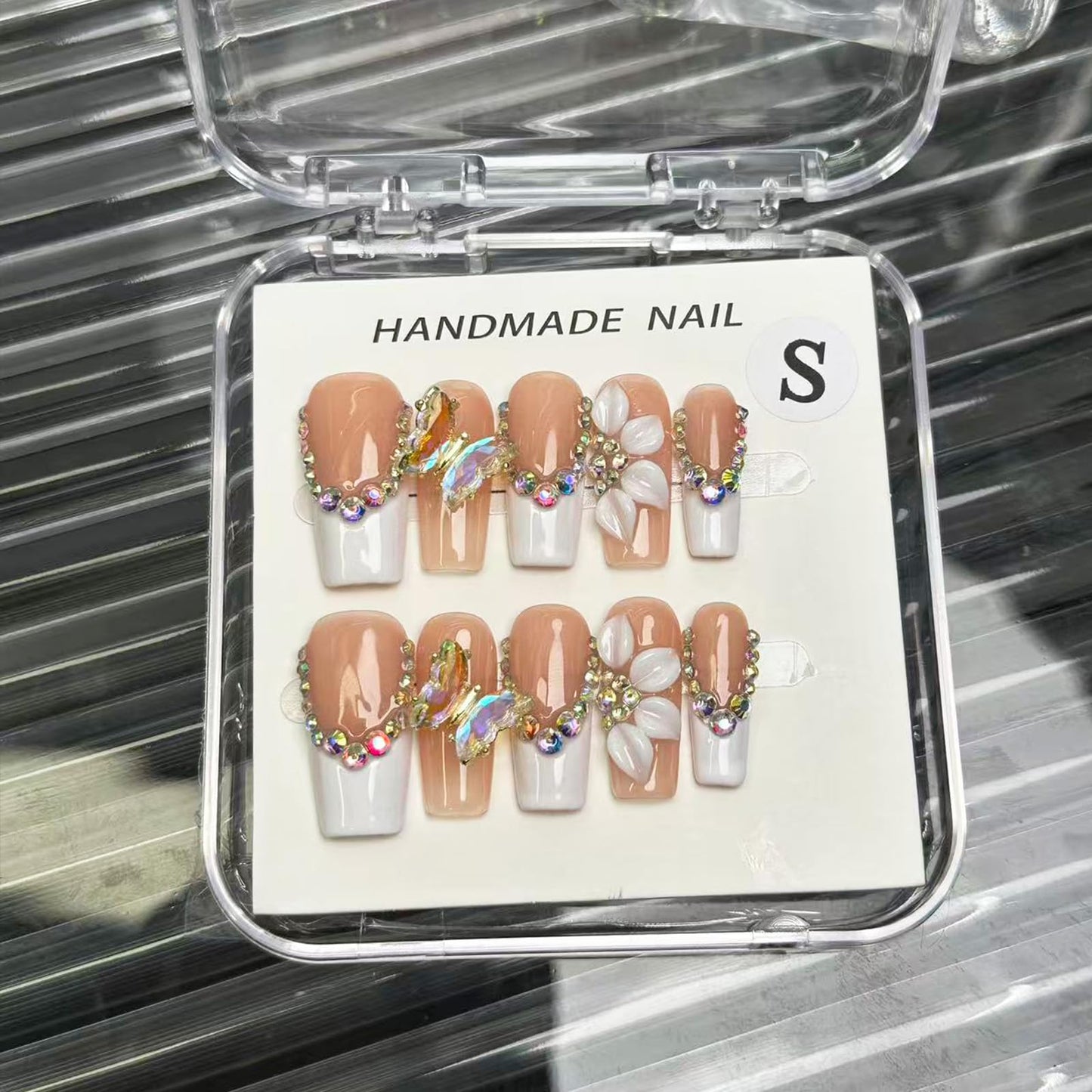 Handmade Press On Nails, 3D Flower & Butterfly White French Tip Fake Nails with Rhinestones, Reusable Acrylic False Nails Medium Length Square Press on Nails (S-10Pcs)