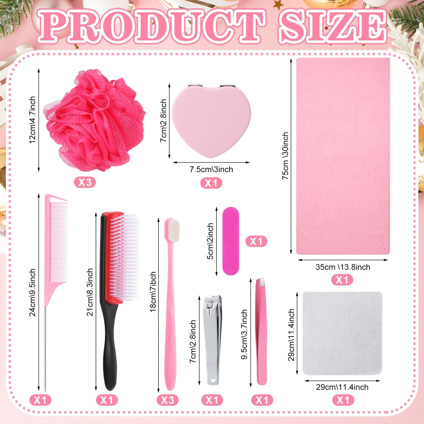 Funnymoom 14 Pcs Pink Galentines Day Gifts for Her Pink Theme Gifts Set Love Mirror Bath Sponge Toothbrush Nail File Nail Clipper Tweezer Towel Comb for Valentines Women Friends Friendship