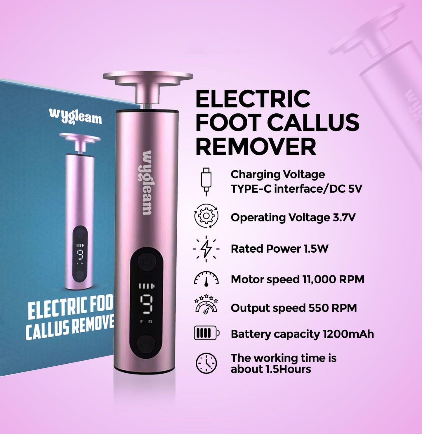 Wygleam Electric Callus Remover for Feet & Nail File Drill Kit - 2 in 1 Rechargeable Pedicure Tools for Flawless Feet - Professional Foot File with 3 Speeds for Dead Skin Removal - At Home Pedicure