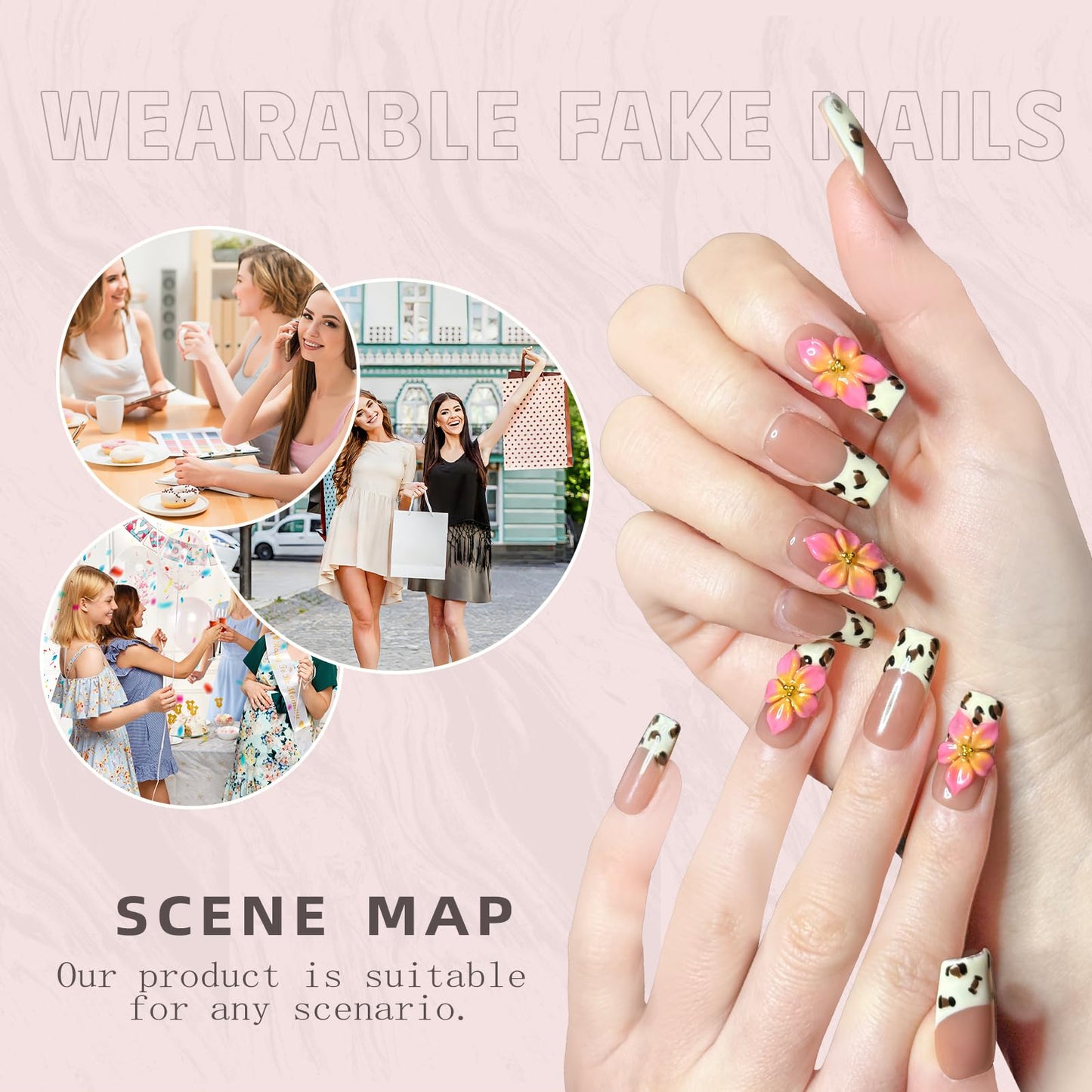 Nude Pink Handmade Press On Nails – Long Coffin French Leopard Print & Floral Rhinestone Design | Thick Acrylic Full-Coverage False Nails Spring Pattern (S-10PCS)