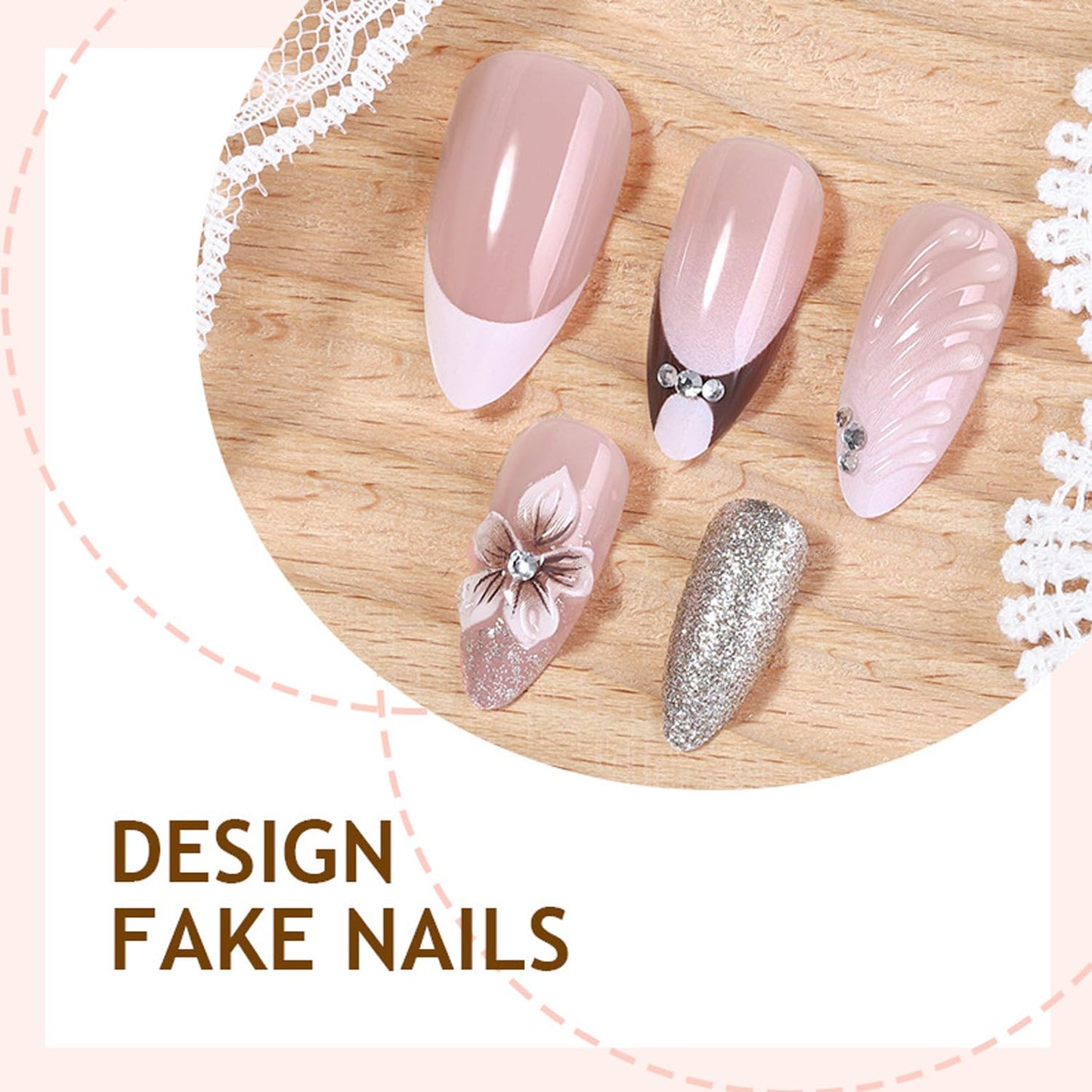 24Pcs Flower Press on Nails Medium Almond Fake Nails with 3D Rhinestone Design White French Tip False Nails Silver Glitter Full Cover Cute Floral Reusable Spring Summer Acrylic Glue on Nail for Women