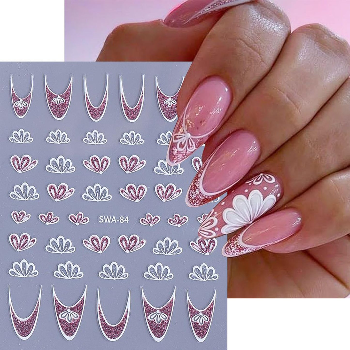 2Sheets Flower Nail Art Sticker Decals with Glitter Half Daisy Flowers French Line Nail Stickers Self-Adhesive Nail Supplies French Star Floral Nail Designs for Women Girls DIY Manicure Tip Decoration