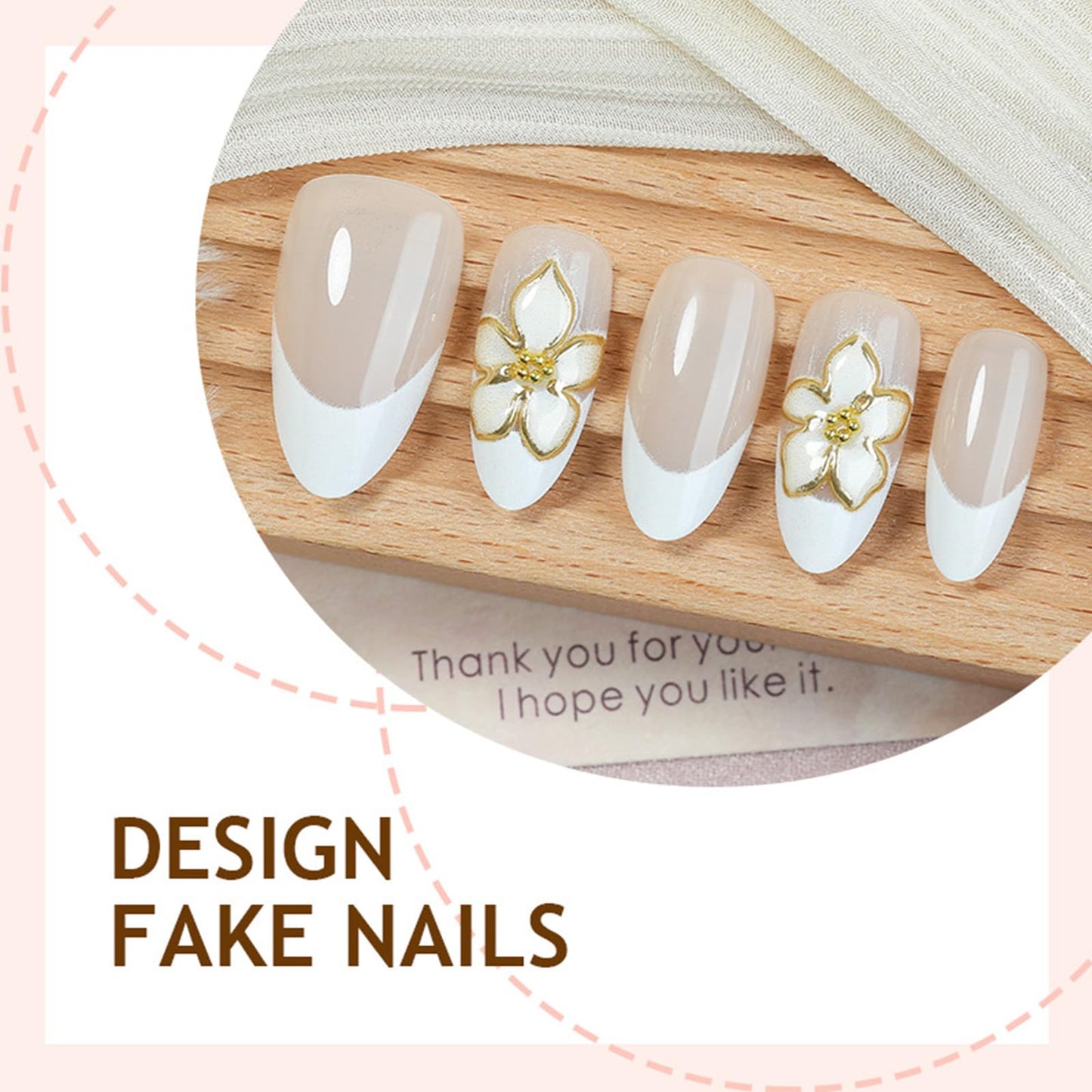 3D Flower Press on Nails Glossy White French Tips Medium Almond Fake Nail Floral False Nails with Gold Trim Design Elegant Stick on Nail Pearl Glue on Artificial Fingernails for Women Daily Wear