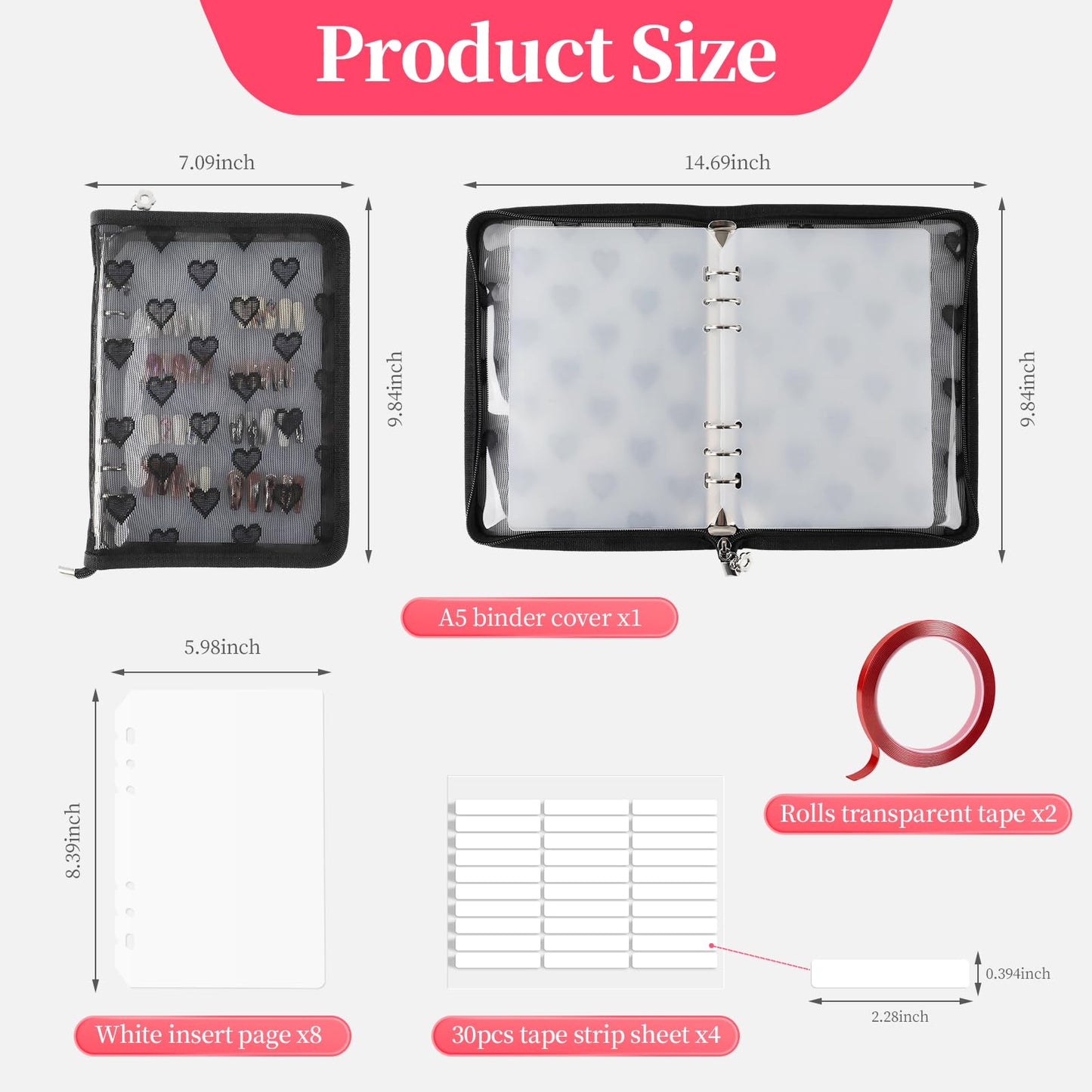 ASTONFOG Press On Nail Storage Organizer Binder with 8 Insert Pages - A5 Size & Double Sized Tapes, Press on Nails Display Storage Book, Reusable Fake Nail Swatch Collecting Book (Black)