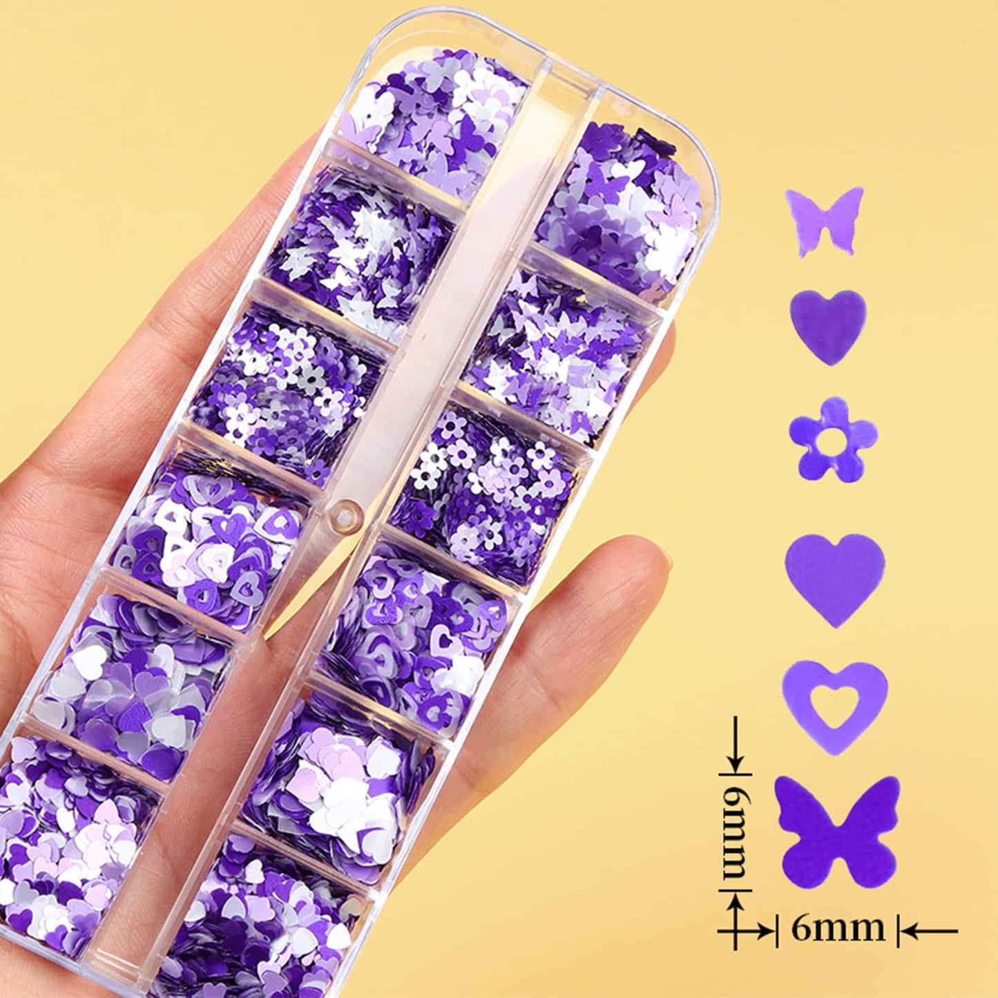 Holographic Purple Glitter Nail Art Sequins, 3D Glitters Flakes Nail Art Design, Love Heart Flowers Butterflies Acrylic Nails Supplies Accessories False Fingernails Manicure Charms Decorations Set