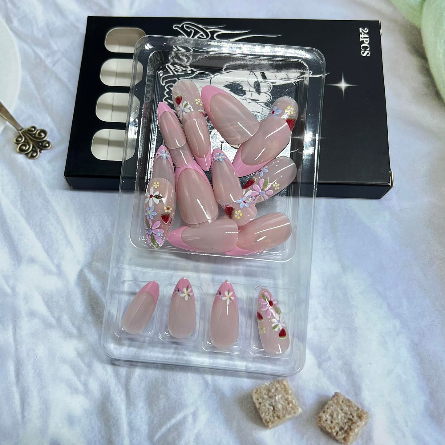 Press on Nails, Medium Almond, Pink French Tip, Colorful Floral Strawberry Design, Glossy Finish, Full Cover Stick on Nail, 24 Pcs
