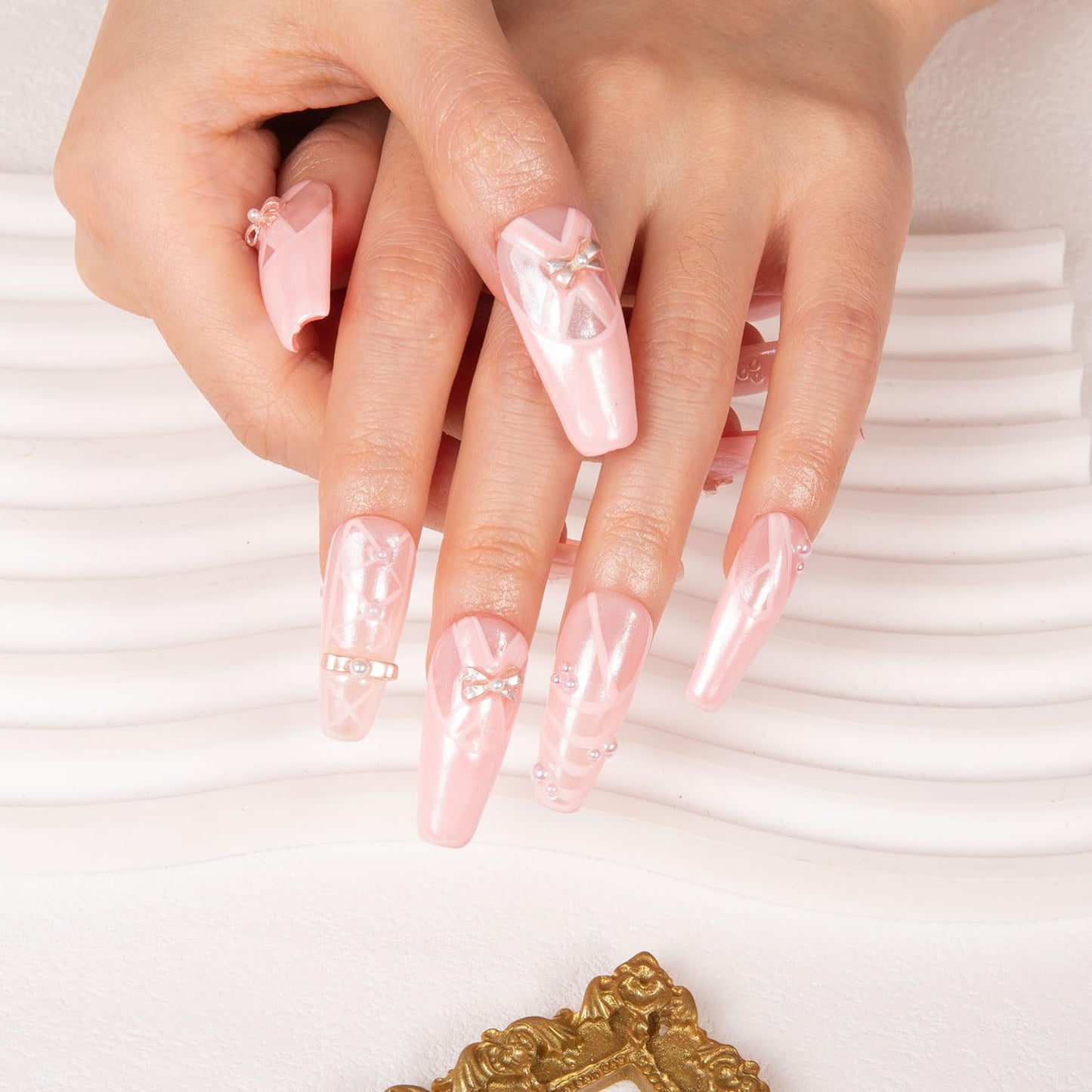 LOVFUL Press on Nails Tiptoe Ballet | Handmade with Full Covered Crystals | Reusable Full Cover Nails | Coffin Classic Regular 1.3 in | H291-L