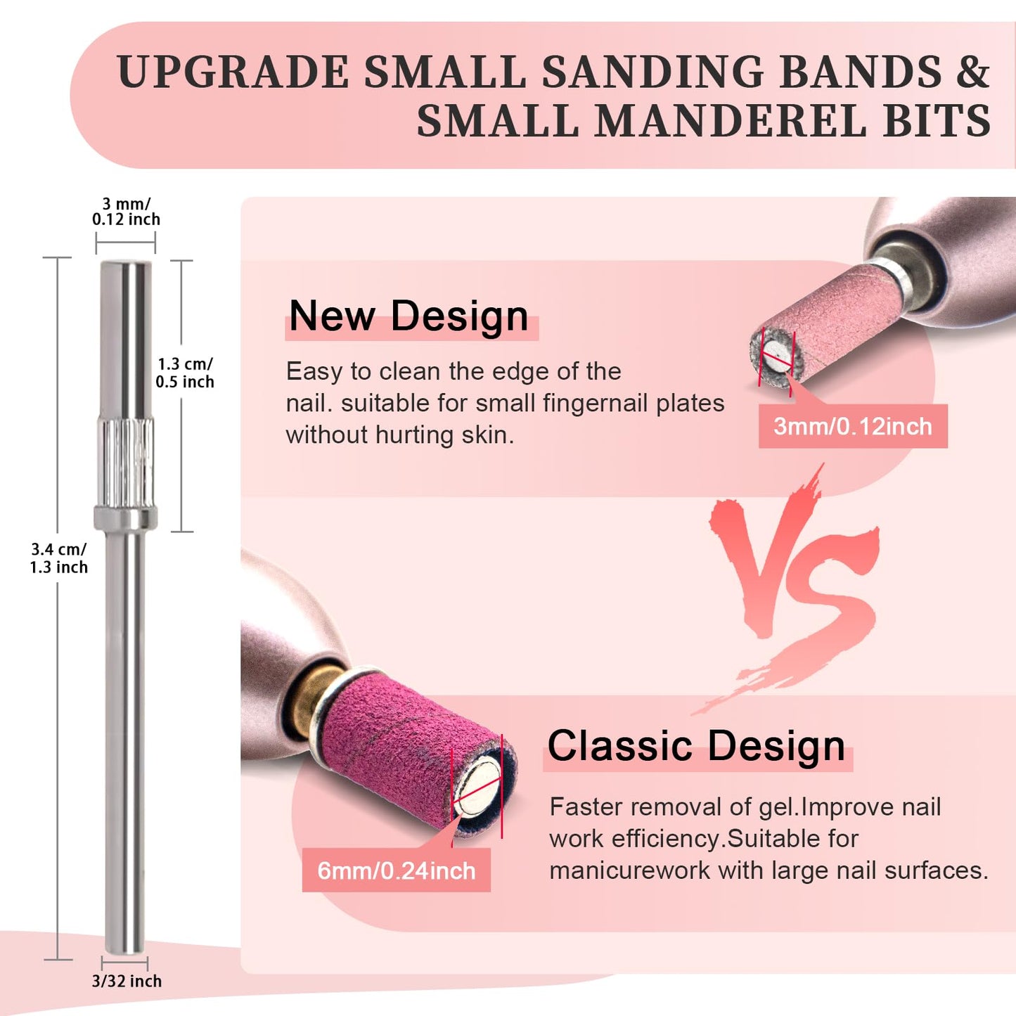 BLESWIN 500pcs Small Sanding Bands with Upgraded 3mm Mandrel Bit, 240 Grit for Acrylic Nail, Gel Nail Removing, Professional Nail Sanding Belt for Manicure and Pedicure, Pink