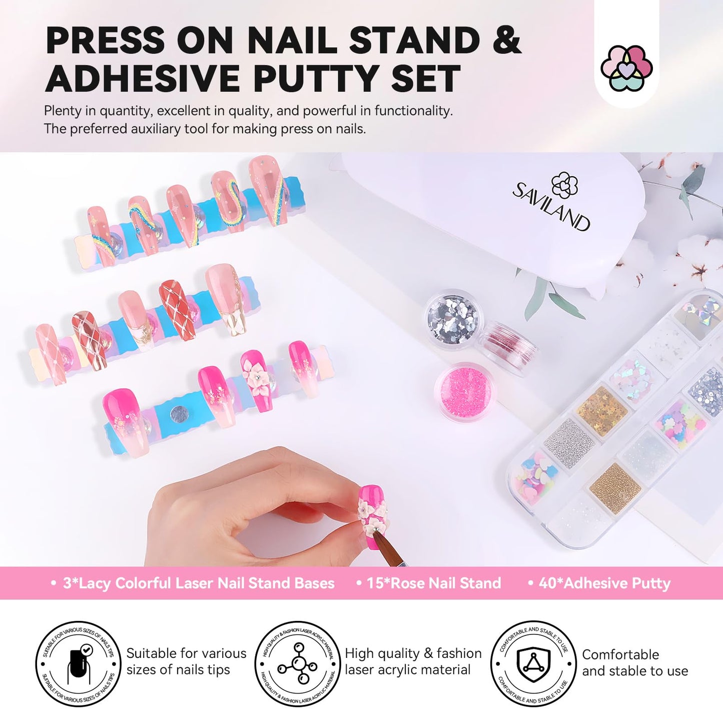 SAVILAND Nail Stand for Press On Nails Display:15pcs Nail Stand Set 3X Strong Magnet Fake Nail Holder Painting Handheld U V Light for Nails: 3W Portable Mini UV Light for Gel Nail Sticker