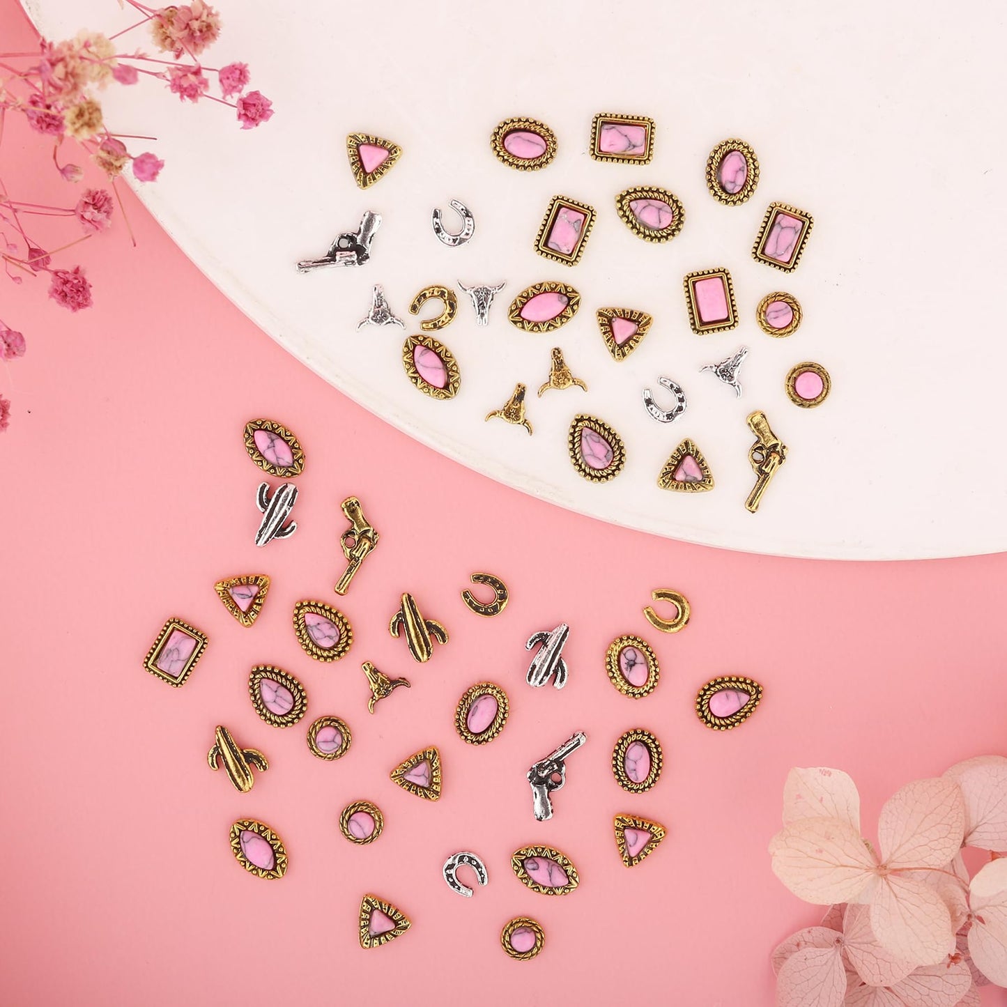 50 PCS Western Nail Charms - Pink Turquoise Nail Gems Stone 3D Vintage Western Art, Retro Pink Marble Cowgirl Charms Gems Metal Gold Silver Art Jewelry Gifts for Women DIY