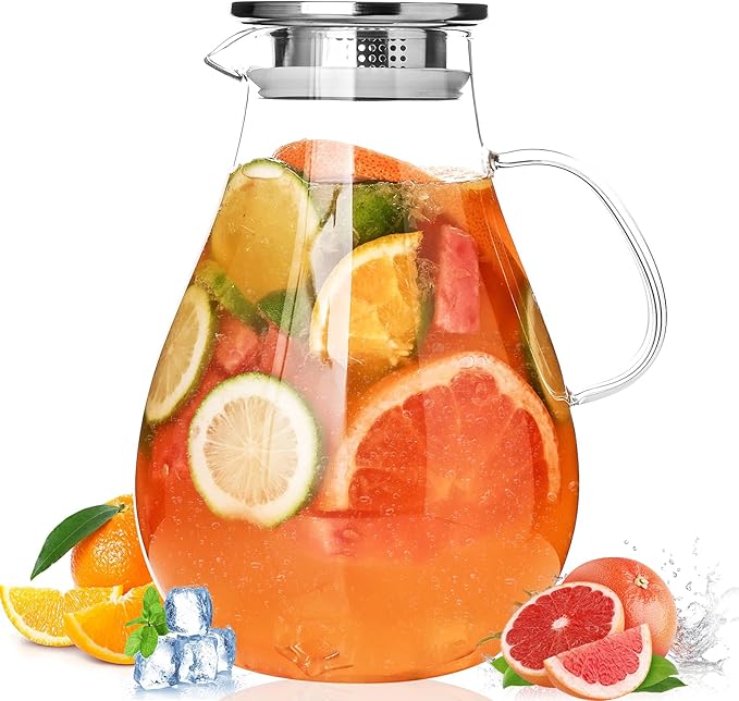 2500ml Glass Pitcher with Lid, 88 Ounces with Precise Scale Line, Hot/Cold Water Jug, Juice and Iced Tea Beverage Carafe with Lid