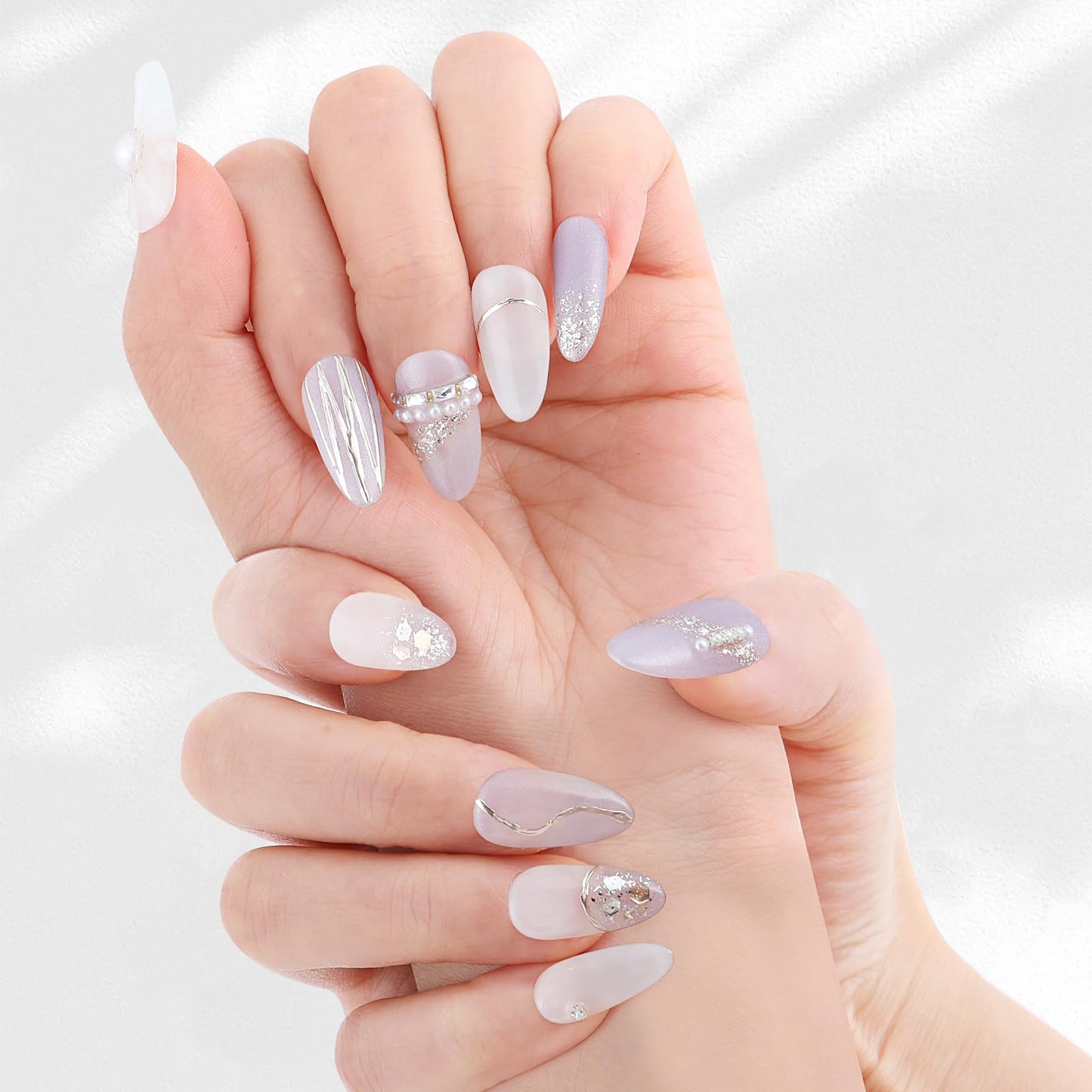 Yacey Handmade Press on Nails Short Almond, Reusable False Nails Press Ons, Purple Thick Acrylic Fake Nails with Silver Line Pearl, 3D Artificial Bling Glossy Glue on Nails for Women Girls (10 Pcs, M)