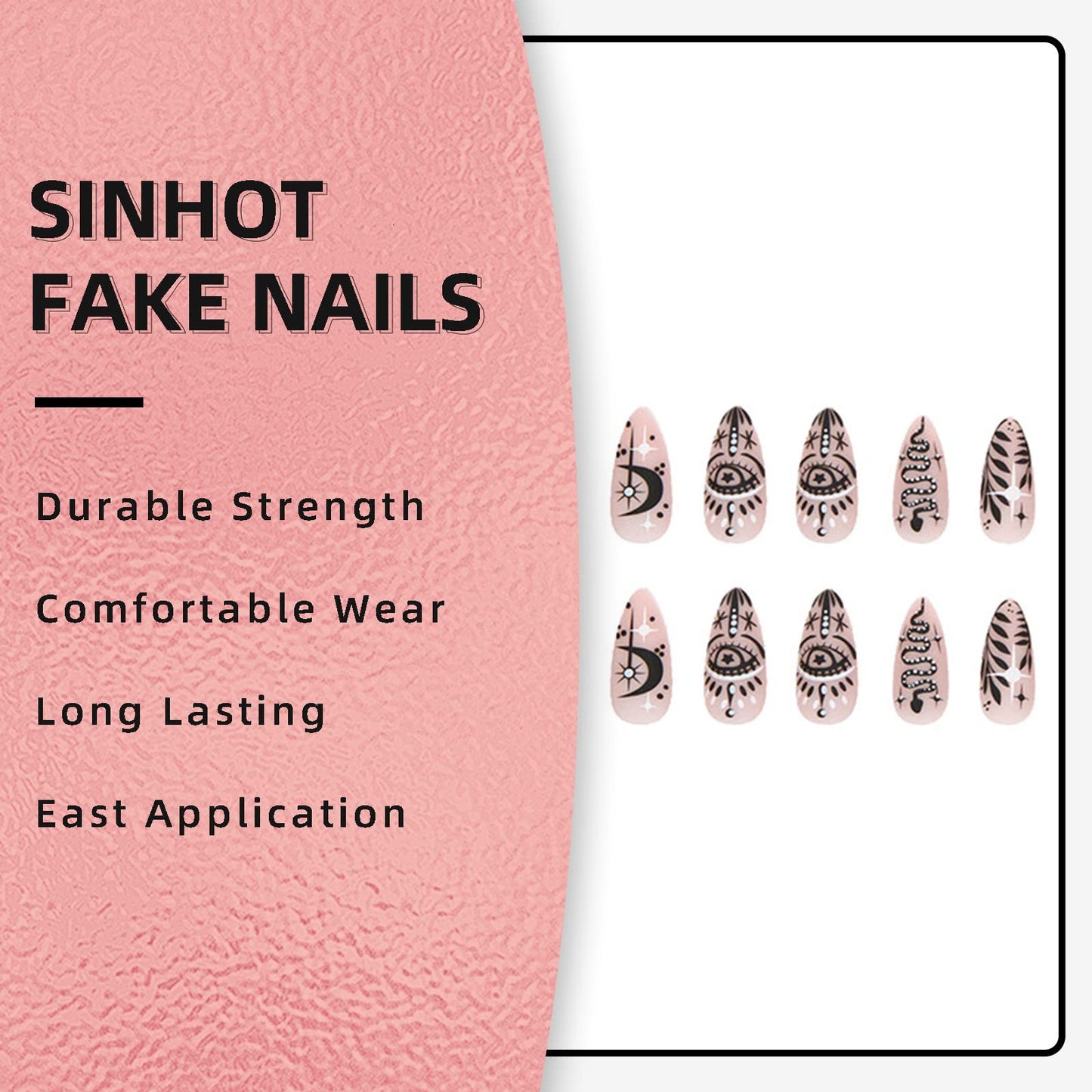 SINHOT Medium Almond Press on Nails Stiletto Fake Nails Glossy Glue on Nails Acrylic Nail Black Graffiti False Nail with Designs 24 pcs
