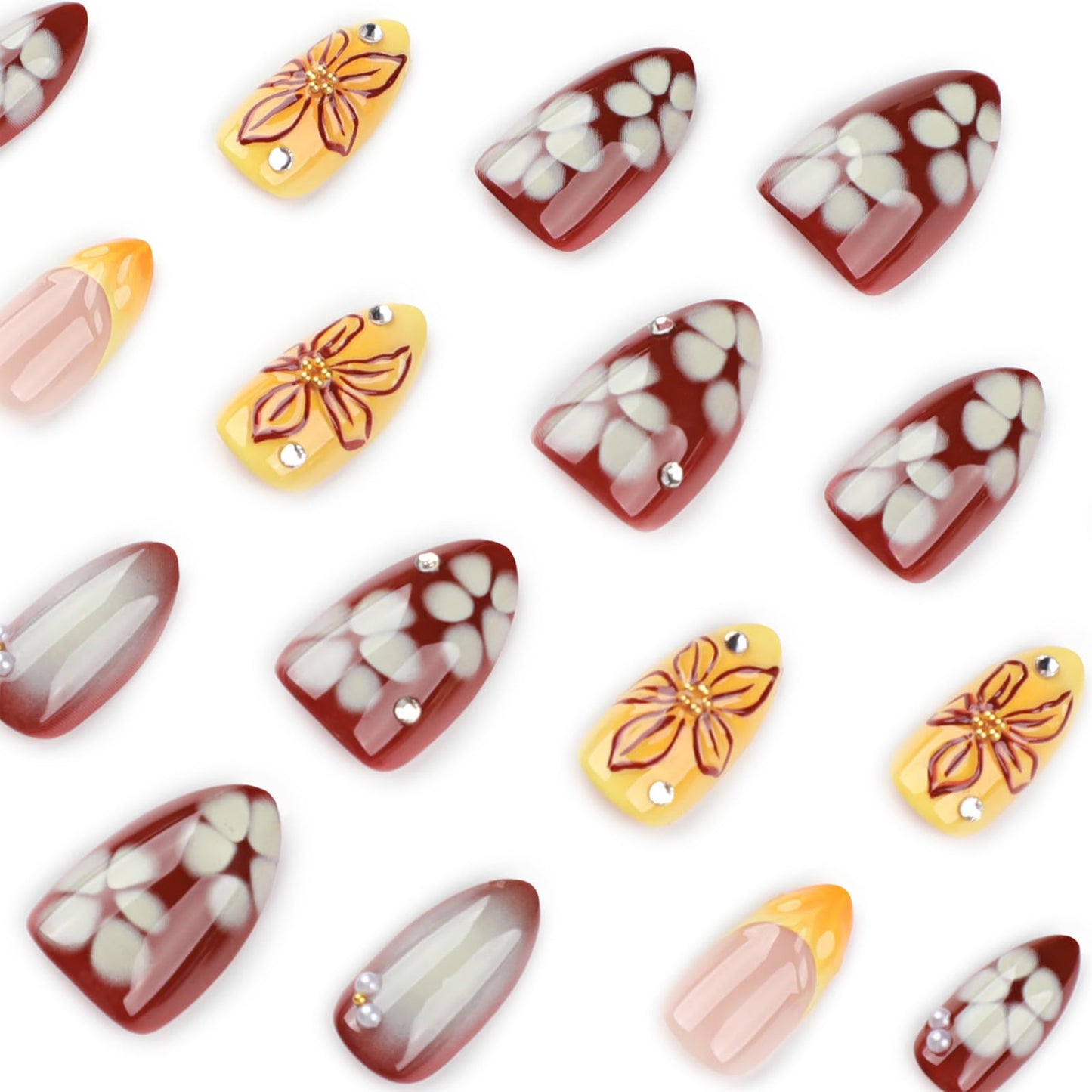 Mivota Yellow French Press On Nails Short Almond, Fall Fake Nails Adorned with Yellow and Burgundy Petal Accents, 3D Design, Glossy Gel Finish Acrylic Nails, Reusable Glue On Nails for Women, 24 Pcs