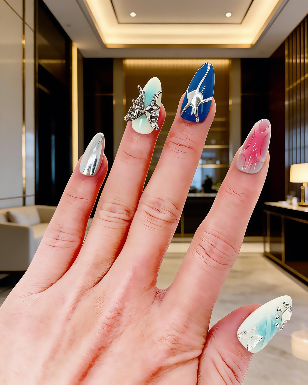 CAMILCY Luxury Handmade Press On Nails Almond Short Blue Silver 3D Butterfly Rhinestone Glossy Fake Nails Reusable Salon Quality Acrylic Nails for Wome 10pcs (A140, L)