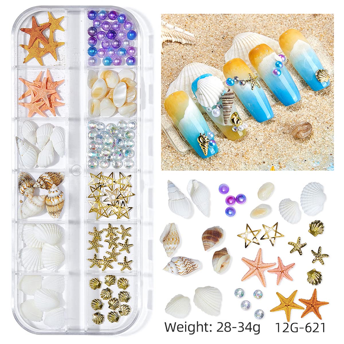 GULELAYAR 3 Boxes Summer Beach Nail Art Rhinestones, 3D Ocean Nail Charms Starfish Conch Sea Series Nail Art Designs Accessories Nail Art Rivets Manicure DIY Seashell Nail Decorations for Women Girls
