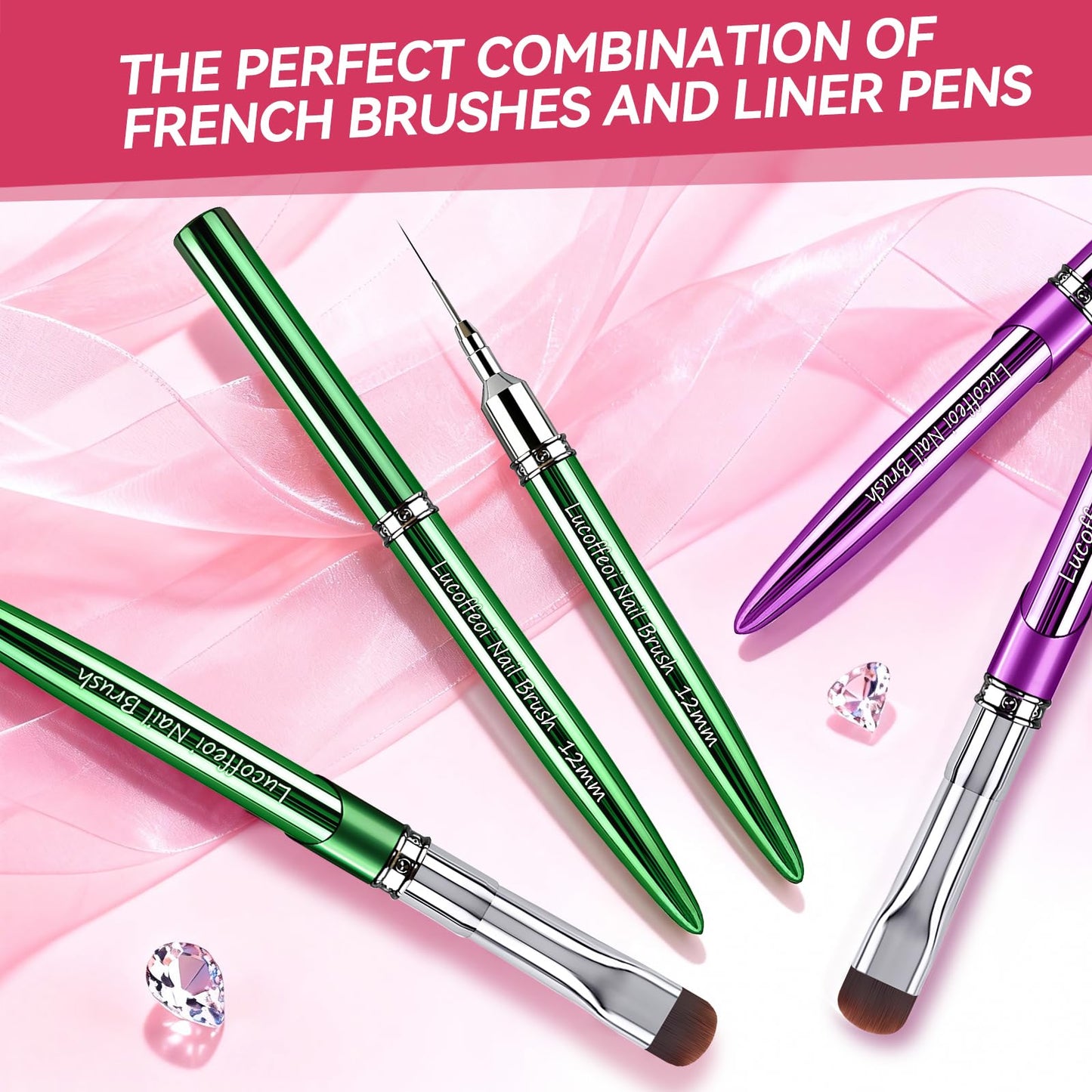 Nail Art Brushes Set 2-Piece: French Tip Brush and 12mm Liner Brush for Gel Clean Up, Smile Lines & Nail Design (Purple)