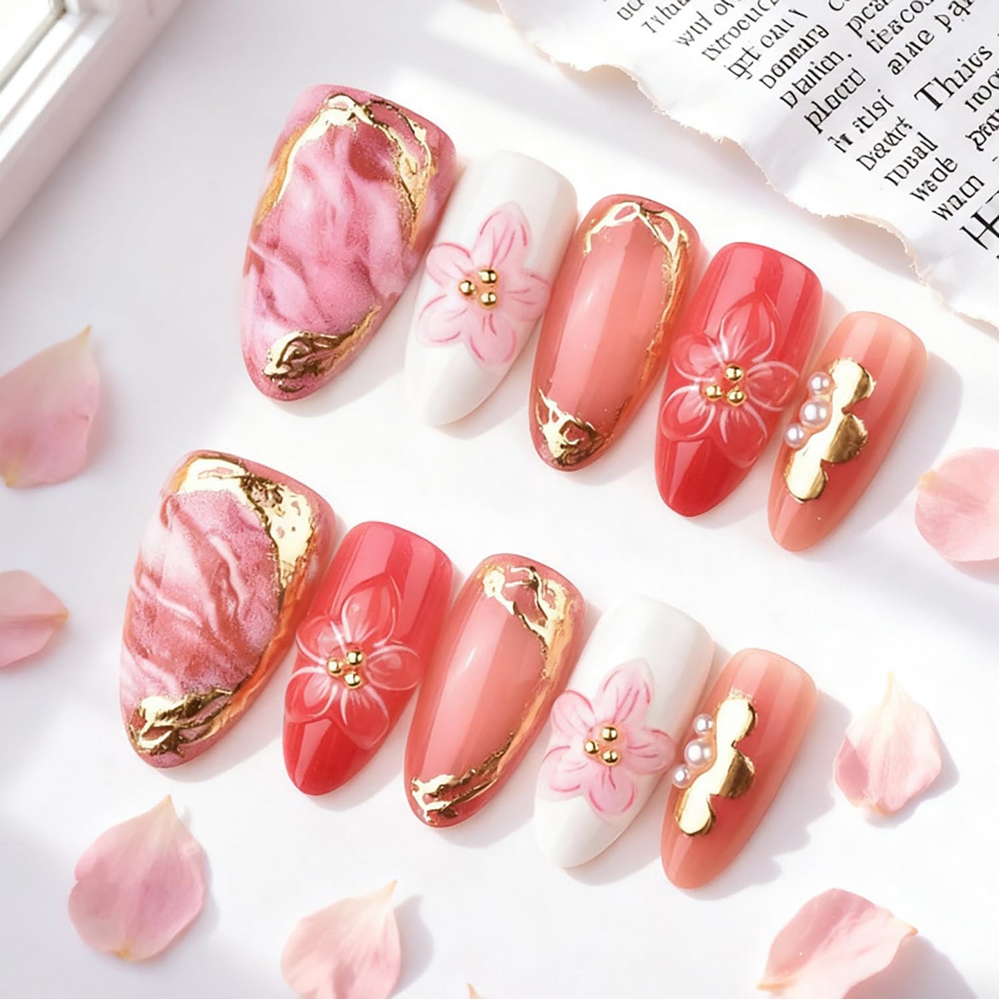 30Pcs Pink Press on Nails Medium Almond Fake Nails with 3D Flowers Pearl Designs Gold Flower False Nails Pink Gradient Acrylic Nail Tips Peach Blossoms Full Cover Stick on Nails for Women