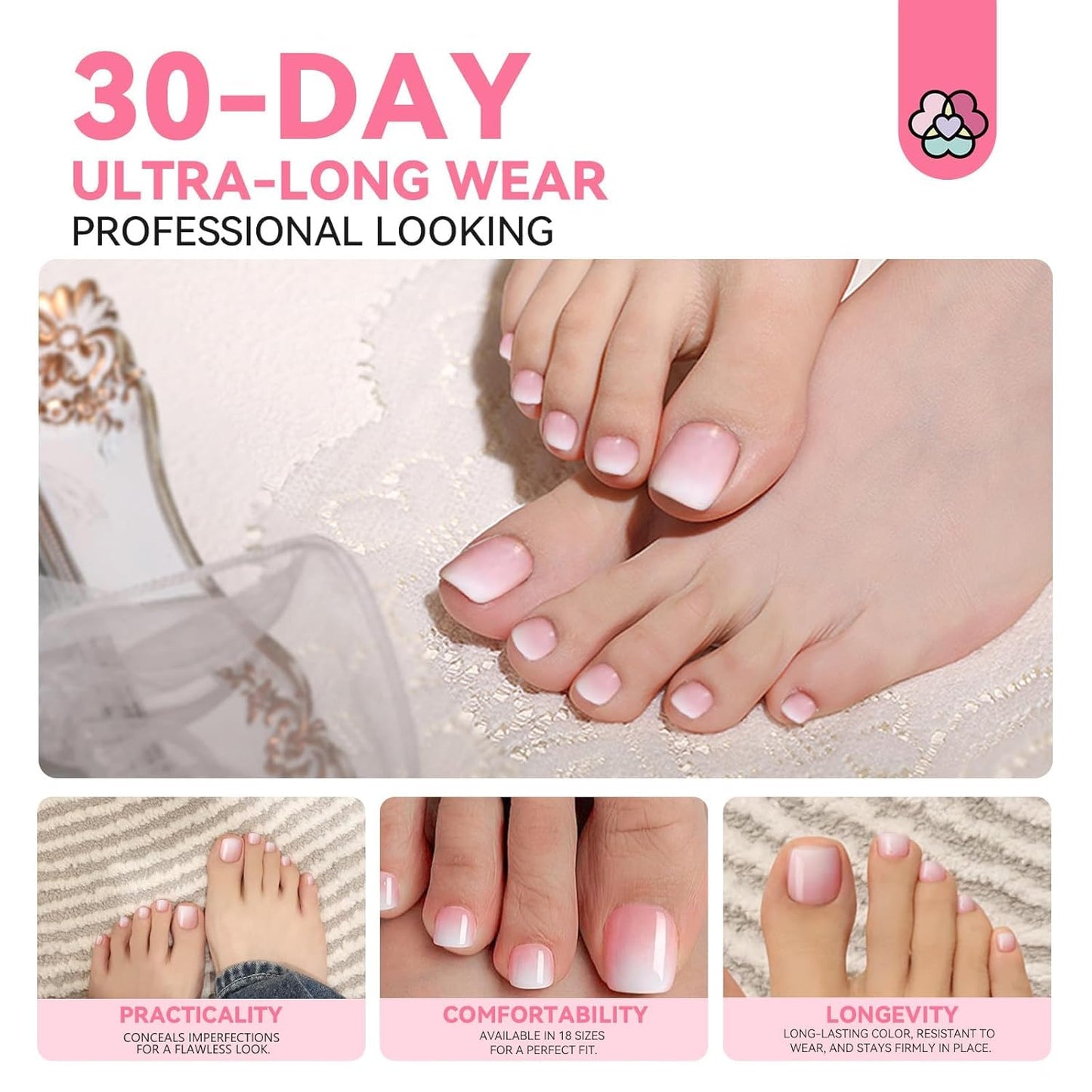 SAVILAND French Press On Toenails: 216Pcs Press On Toenails for Women Short Square Round Squoval Shape White Soft Gel False Toenail Extension Full Cover Soak Off Fake Toe Nail DIY x 18 Sizes