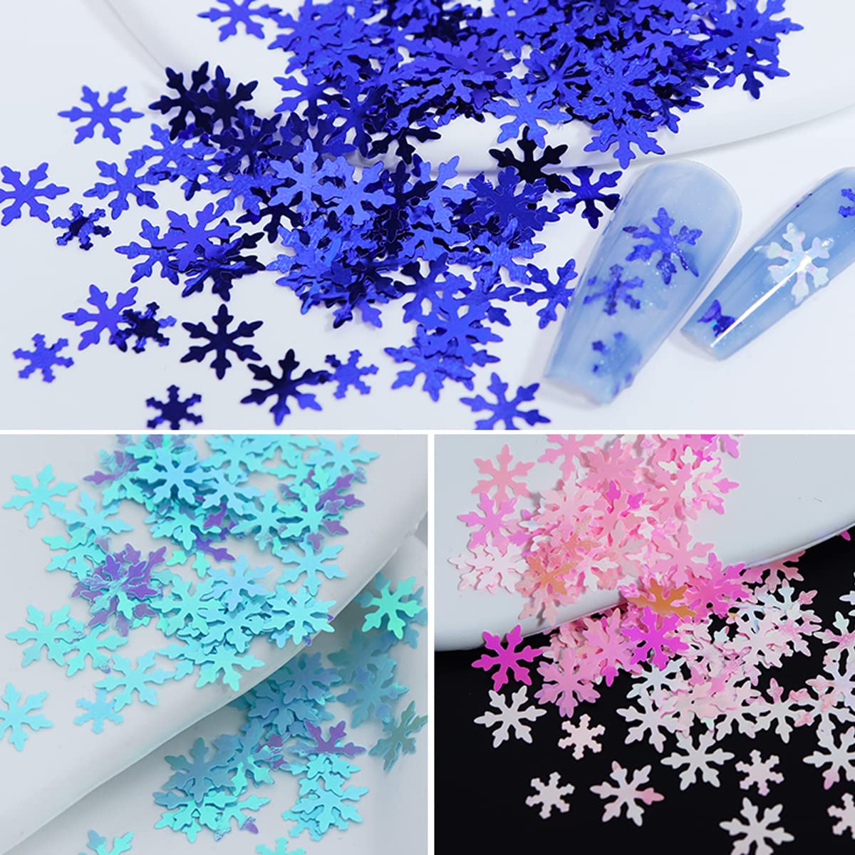 Snowflake Nail Glitters - 3D Snowflakes Nail Sequins - Snow Flakes Nail Stickers Winter Xmas Nail Art Supplies Blue Snowflakes Glitter Flakes Decals for Christmas Party Manicure Art Decoration 6 Grids