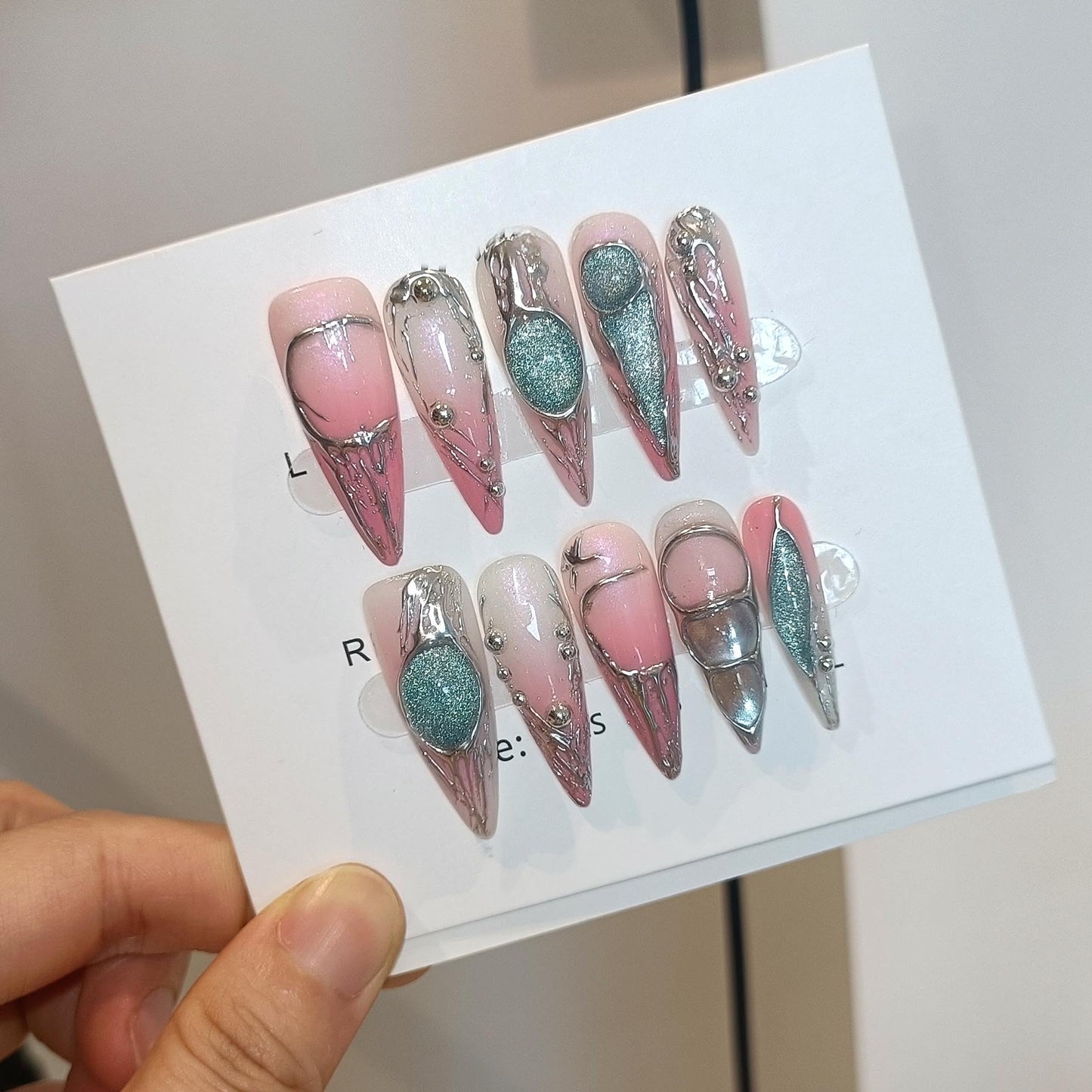 TENPAL Long Stiletto Press on Nails,Pink-Silver Holographic Gradient Hand-Painted Moons Fake Nails with 10pcs Tools,3D Cat Eye Glitter False Nails,Edgy Meteors Design Sweet-Edge Metal Nails(L)