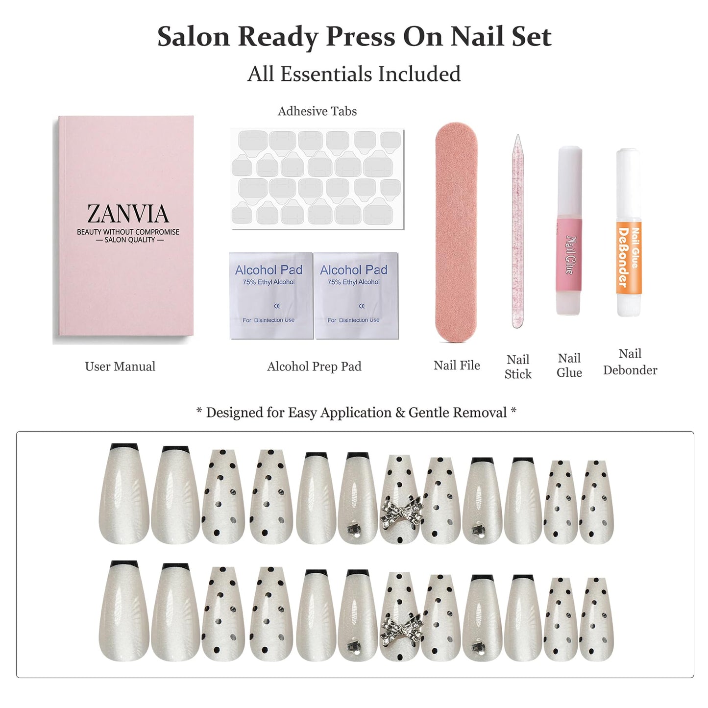 French Polka Dot Press On Nails - Handmade 3D Bow With Rhinestones Black French Tip Nails, Medium Ballerina, For Women And Teens, Ideal For Parties, Birthdays, And Casual Wear, 12 Sizes 24 Nail Kit