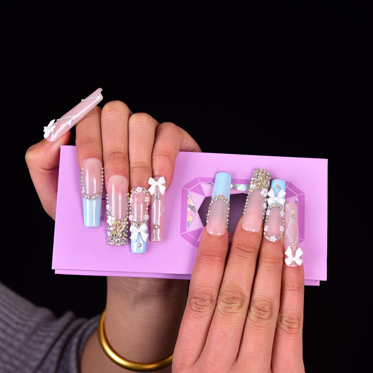 Tmani 10pc/set Extra Long Handmade Press On Nail Hot Girl's Long Ballet Square Nail Full of Diamond Glitter Decoration Fake Nails Suitable For Girls Festival Parties and Birthday Gift（238,Size-L)