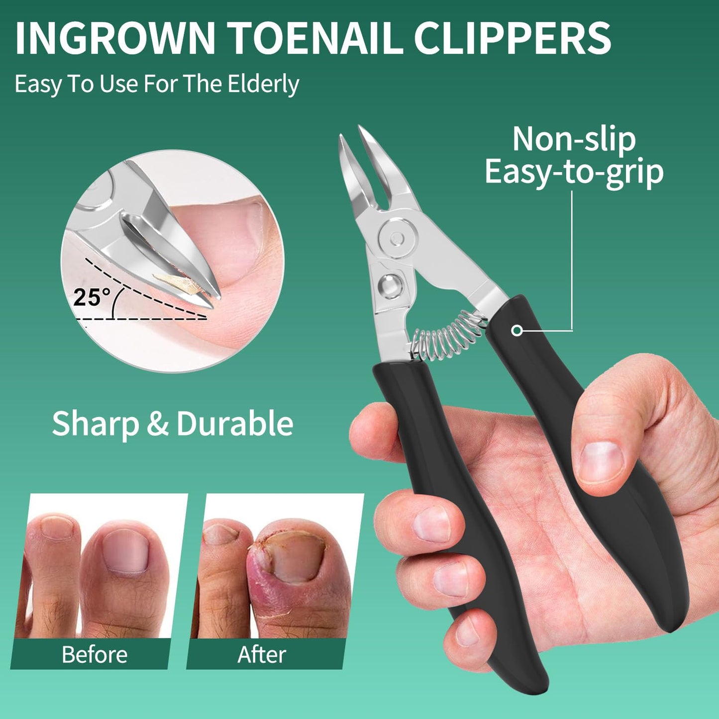 Glamne 5-in-1 Toenail Clippers for Seniors with Thick & Ingrown Nails – Professional Pedicure Kit with Long Handle Nail Cutter, Slanted Curved Blade, Nail File & Lifter – Gift Set with Leather Case