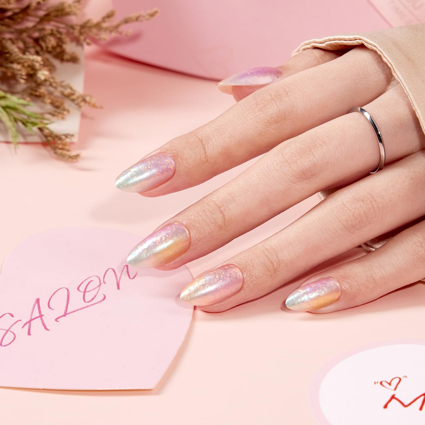 VSALON Press on Nails Medium Almond - Colorful Sfumato Golden Foil Nails Kit for Women, Reusable Spring Summer Opaque Soft Gel Fake Nails with Glue & Cuticle Oil - 32 PCS Glue On Nails in 16 Sizes