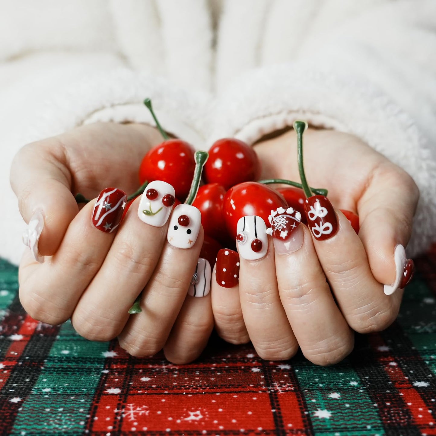 Tesytto Handmade Press on Nails Short Oval - Cute 3D Cherry Design, Red & White Kawaii Multi-Layer Gel False Nails, Salon Quality Reusable Nails (Cute Snowman,S)