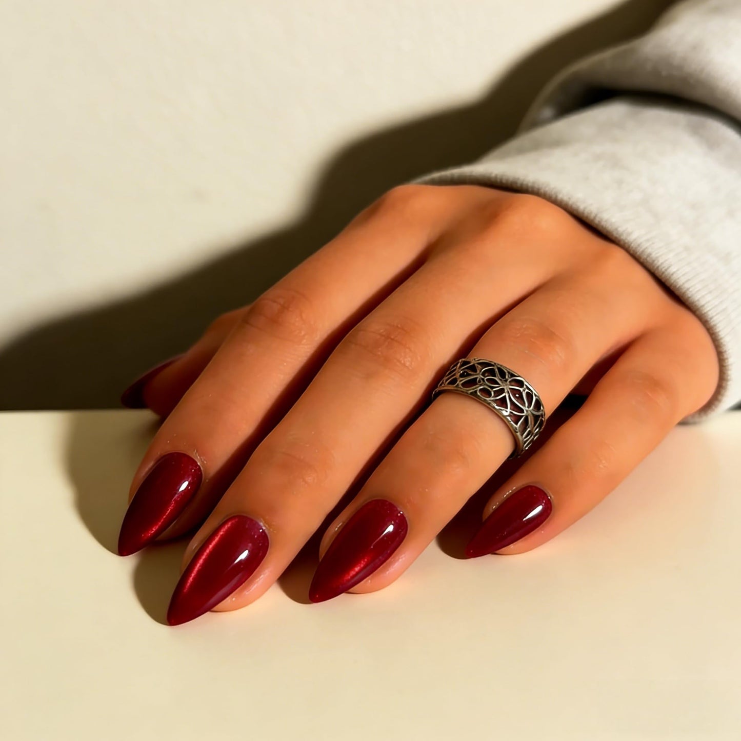 KQueenest Cat Eye Press On Nails Almond - Dark Red Press On Nails Medium Stiletto, 30 Pcs 15 Sizes Glitter Fake Nails Press ons, Upgrade Thick Quality, Reusable Glue on Nail for Women Goth Party