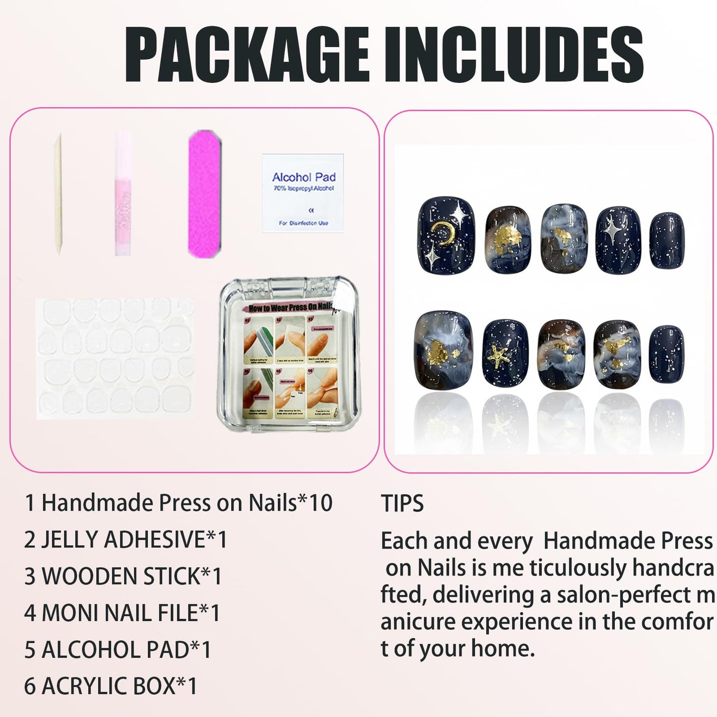 Handmade Press On Nails Reusable Stick On Fake Nails Blue oil Painting Style Stars and Moon Luxury Elegant Sexy Style For Women Gift With Nail Glue L