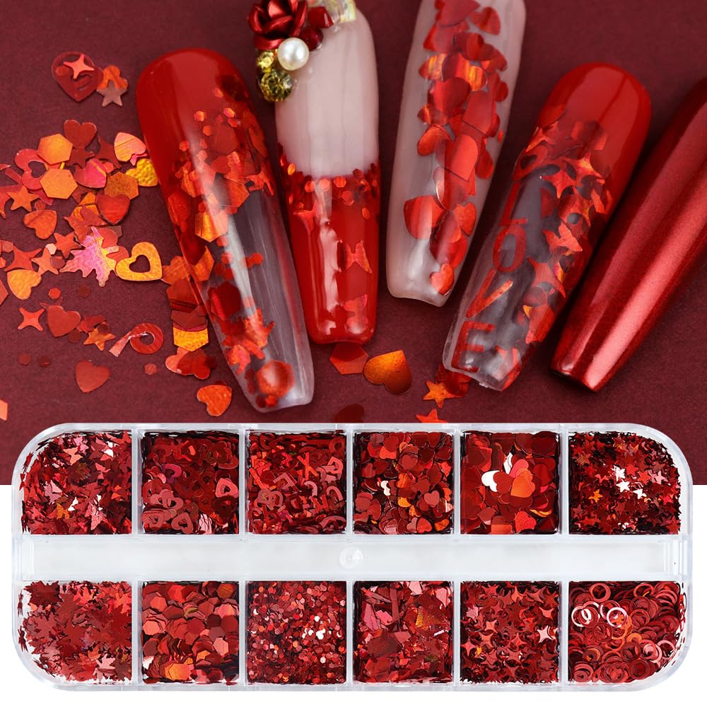 AWDSLUY 12 Grids Valentine's Nail Art Glitter Sequins 3D Sparkly Love Heart Shape Nail Art Sequins 3D Holographic Laser Letter Butterfly Star Maple Leaves Nail Glitter Flakes for Women Manicure Charm