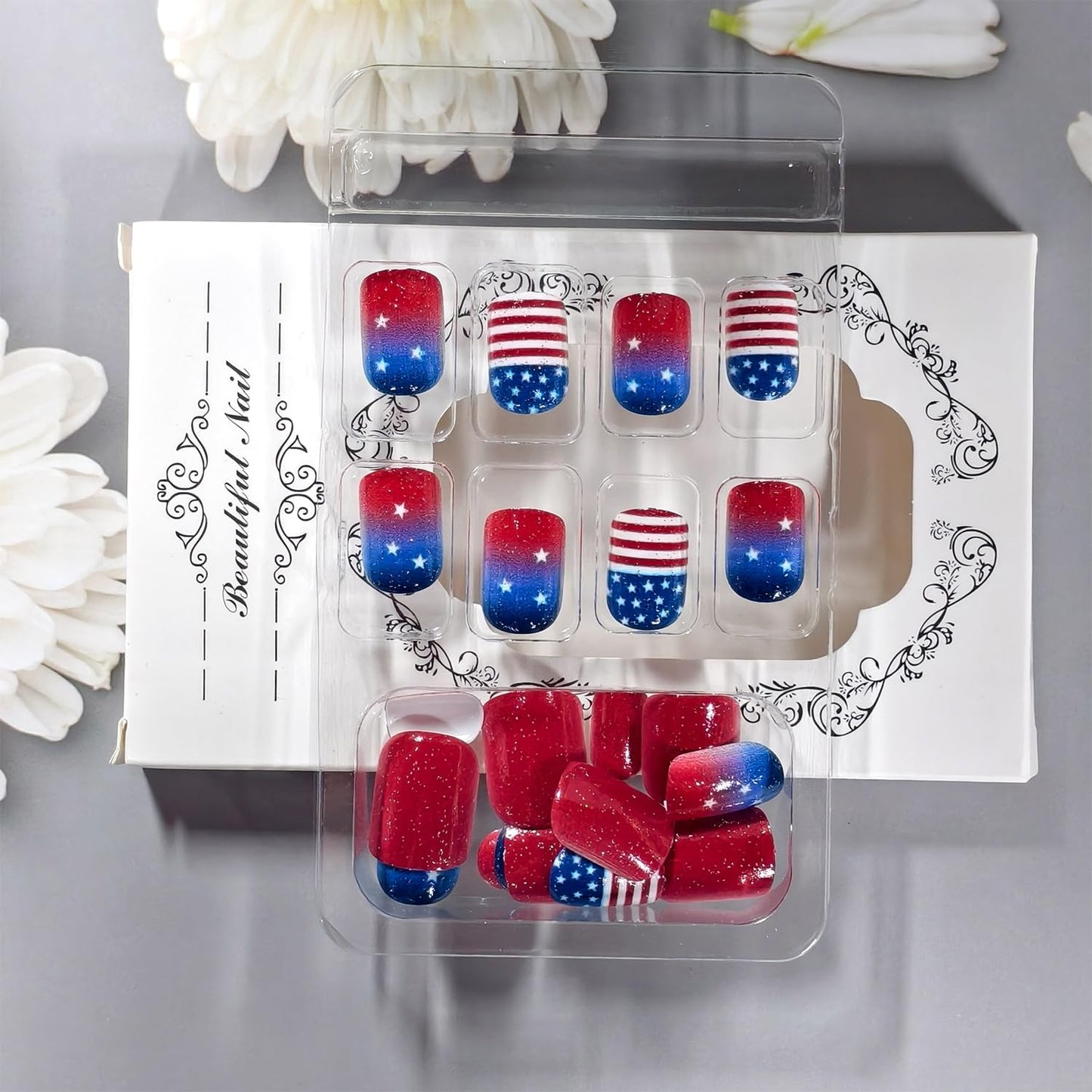 Independence Day Press on Nails Short Square Acrylic Nail Gradient American Flag with White Stars Glitter Fake Nails Patriotism 4th of July Press Ons Artificial Fingernails for Women Festival Manicure