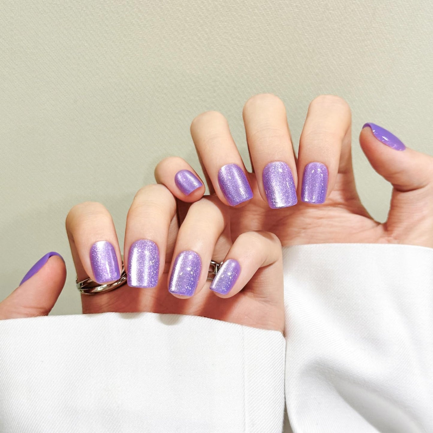 Purple Cat Eyes Press On Nails,12 Sizes - 24 Pcs Soft Gel Purple Short Squoval Fake Nails Kit with Nail Glue, Natural Reusable Stick On False Nails for Women and Girls SK1059