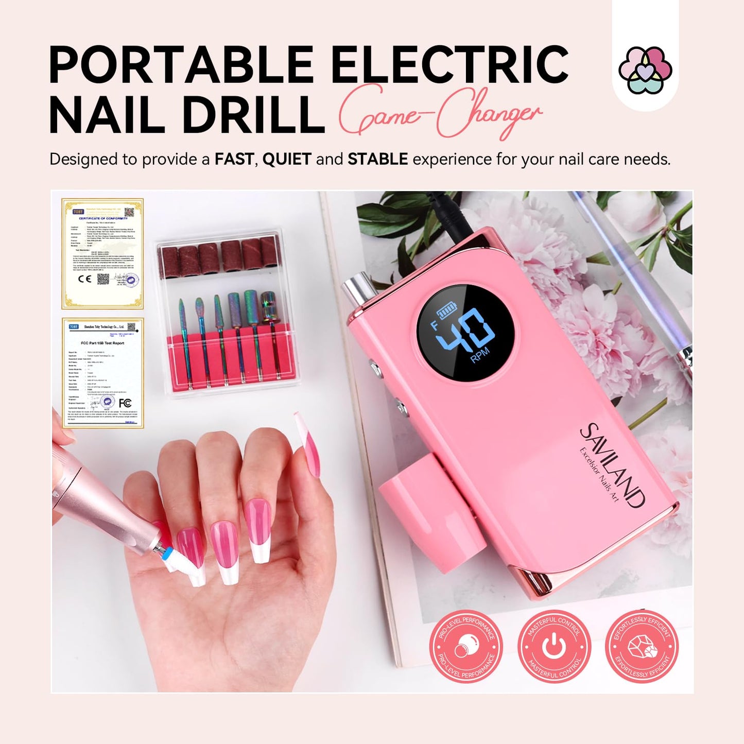 SAVILAND Electric Nail Drill Professional: 40000RPM Pink Rechargeable Portable Electric Nail Filer with 6000mAh Battery, for Shaping, Removing & Polishing Acrylic Nails Home Salon Manicure Gift