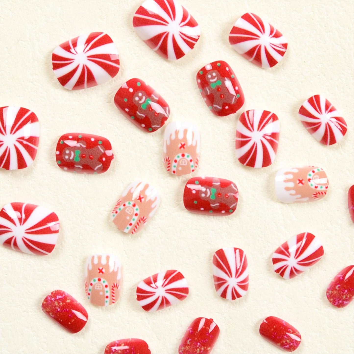 Christmas Press On Nails Short Square Fake Nails Christmas Red Nails Press ons with Gingerbread Man Designs Winter Holiday False Nails Acrylic Nails Glossy Full Cover Stick On Nails for Women