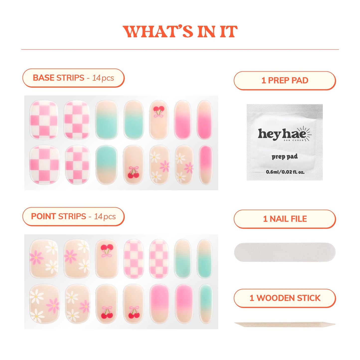 Heyhae Semi Cured Gel Nail Strips | No LED Lamp Needed | Summer, Ombre, Cute | Easy Apply & Remove, Salon Quality | Includes 28 Strips, 1 Prep Pads, Nail File & Wooden Stick - Hey, Sweet Treat