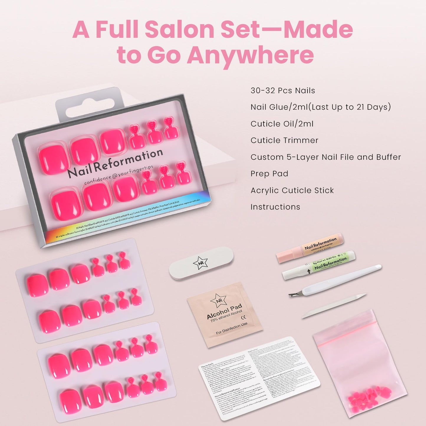 Nail Reformation Press On Toenails, Hot Pink | Vibrant Neon Pink Short Square Fake Toe Nails with Glossy Finish, Reusable Toe Nail Kit for Summer Beach & Vacation - 32 Pcs / 16 Sizes, Gifts for Women